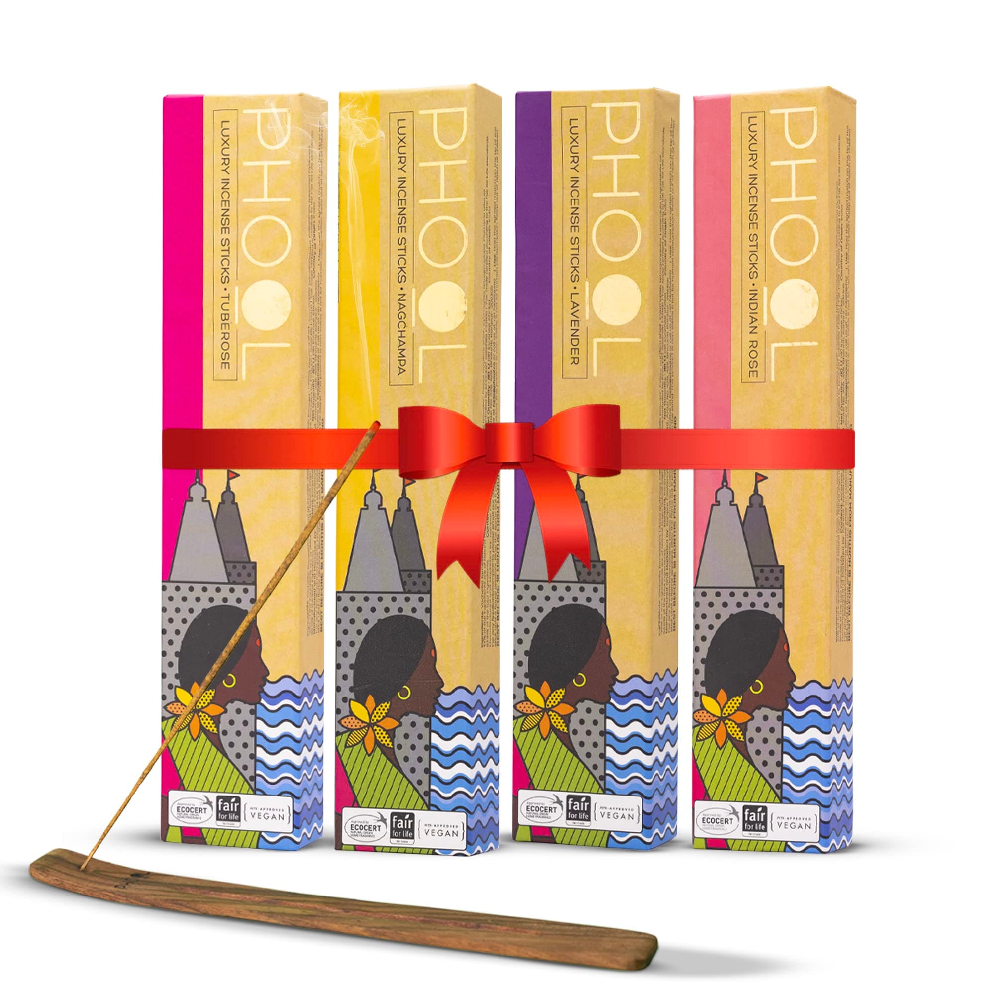 PHOOL LUXURY INCENSE Natural Floral Incense Sticks (Bundle Pack Of 4) I 4 Fragrances - Indian Rose, Lavender, Nagchampa, Tuberose I 100% Organic Agarbatti | Pooja Essentials