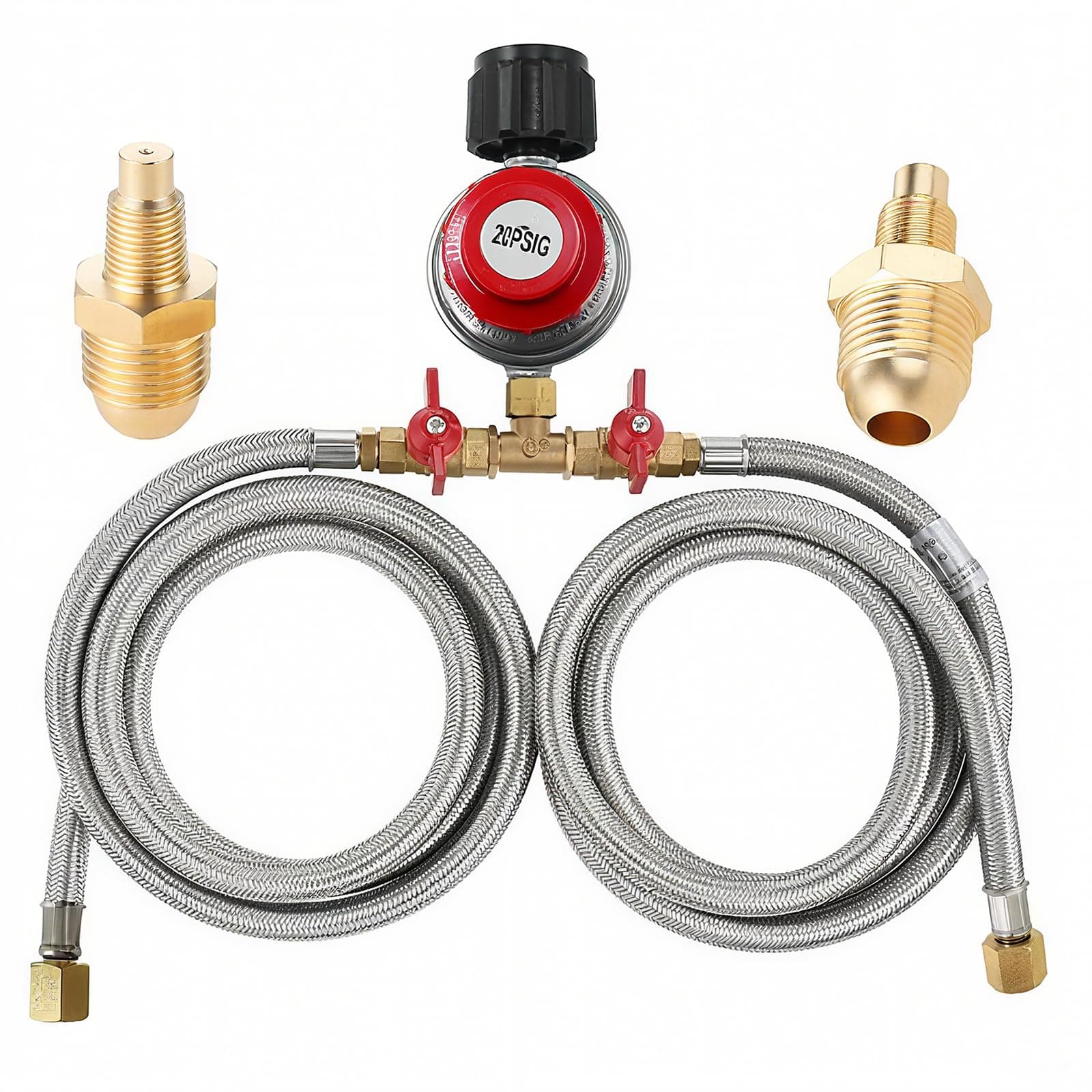 MCAMPAS 0-20 Psi Adjustable Propane Regulator with Hose. 8 Feet Y Splitter Double Braided Hose with 1/8" MNPT Pipe Fitting for Double Propane Outdoor Burner, Turkey Fryer, Cooker