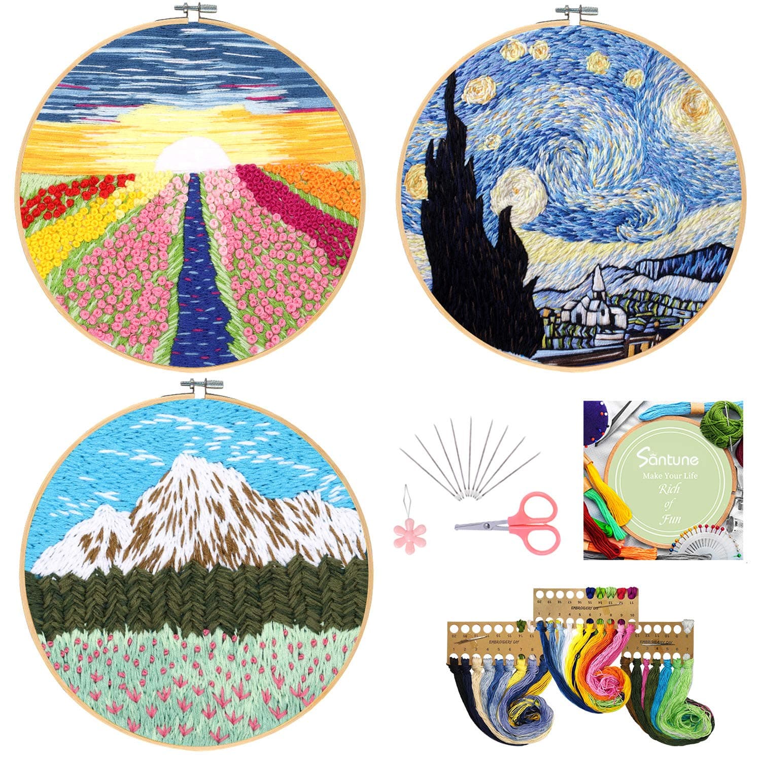 3 Sets Embroidery Starter Kit with Pattern and Instructions, Cross Stitch Set, Stamped Embroidery Kits with 3 Embroidery Clothes with Pattern, 1 Embroidery Hoops