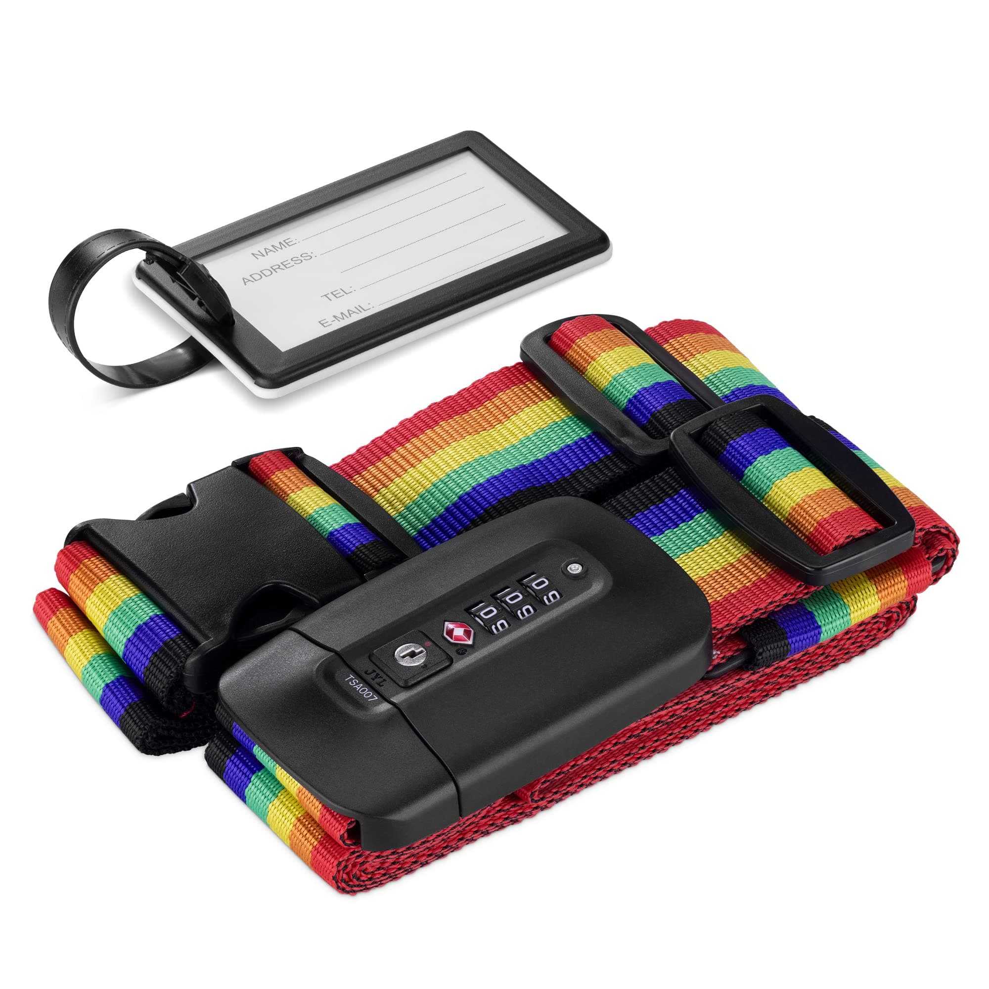 Navaris TSA Luggage Strap - Secure Adjustable Strap for Suitcases with Combination Lock - Lockable Cross Case Travel Belt for Luggage with ID Tag