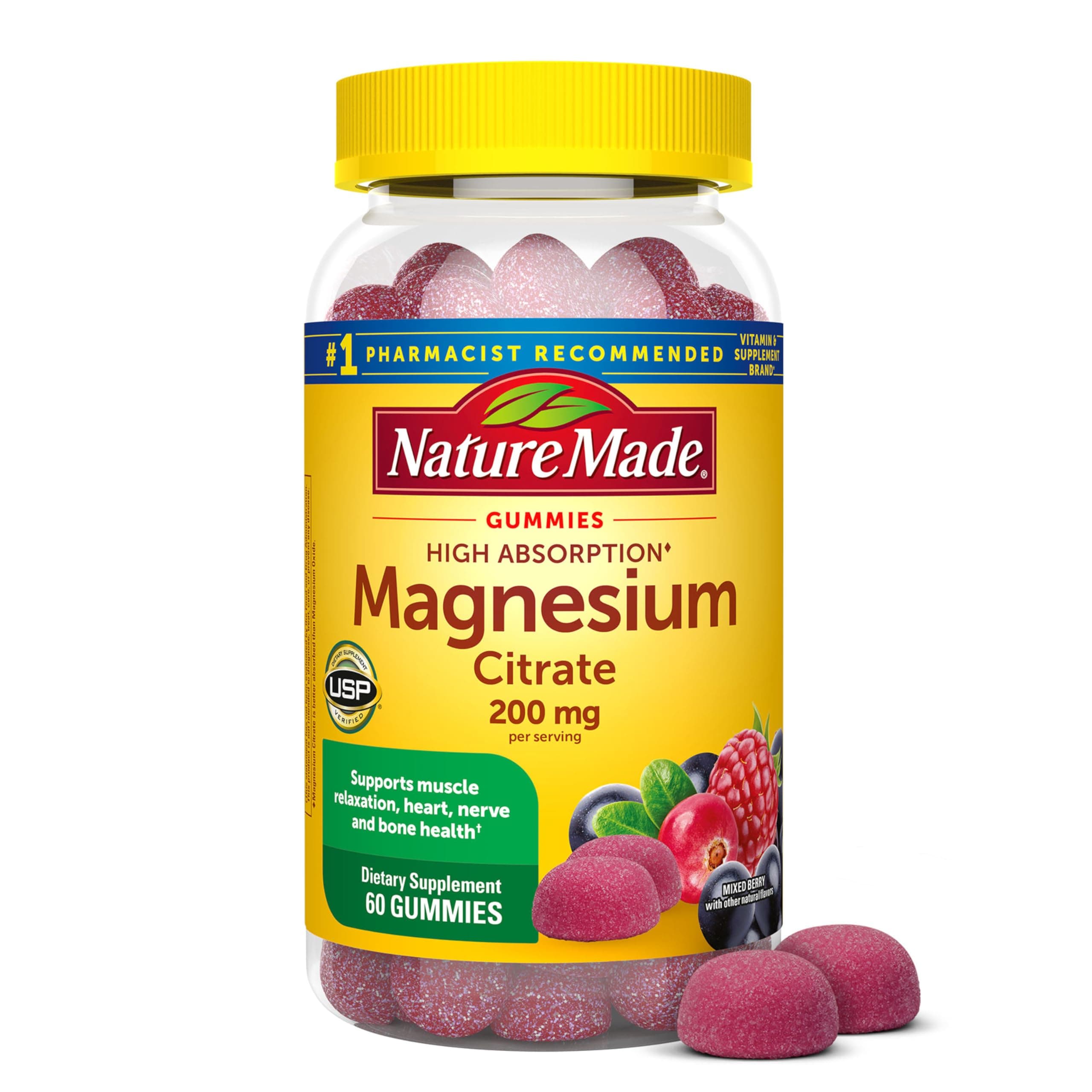 Nature Made High Absorption Magnesium Citrate 200 mg per serving, Magnesium Supplement for Muscle, Nerve, Bone and Heart Support, 60 Magnesium Gummies, 30 Day Supply