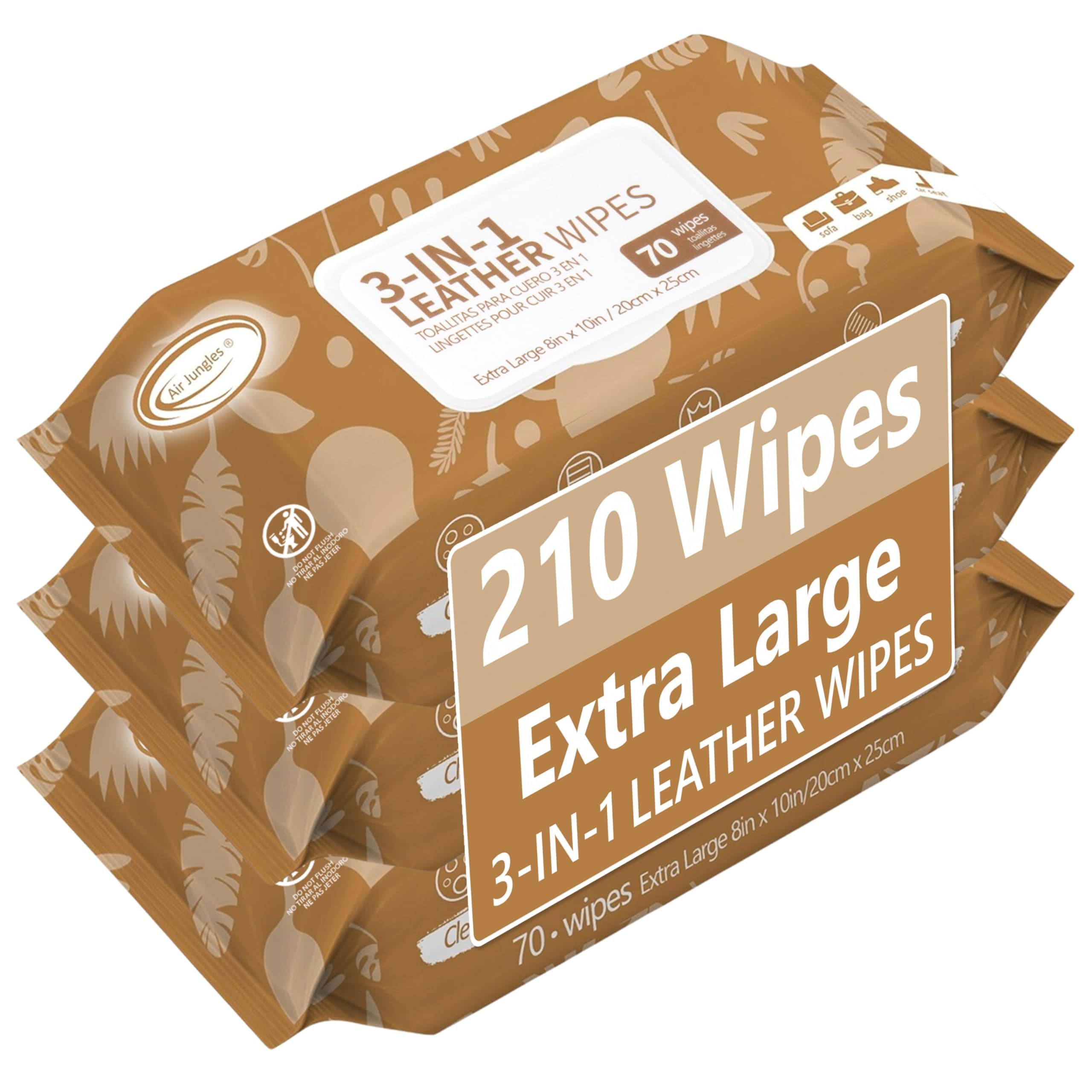Air Jungles 3in1 Leather Cleaner Wipes, 70 Count (Pack of 3), Extra Large 8" x 10" Size, Fresh Scent, Ideal for Leather Furniture, Car Interiors, Shoes, Boots, Bags & More