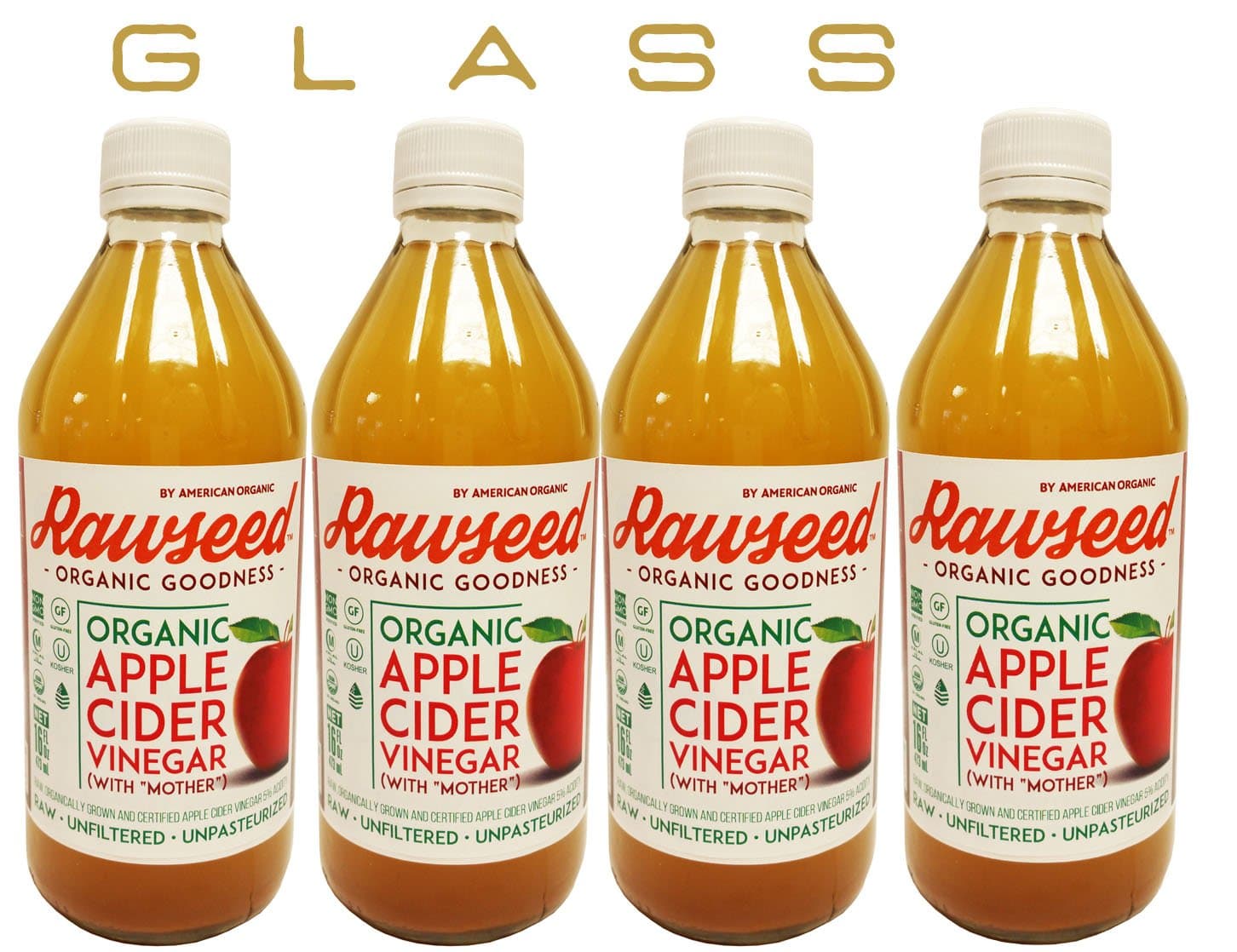 Rawseed Organic Apple Cider Vinegar (4 Pack)16 oz each one glass bottles with the Mother,Kosher