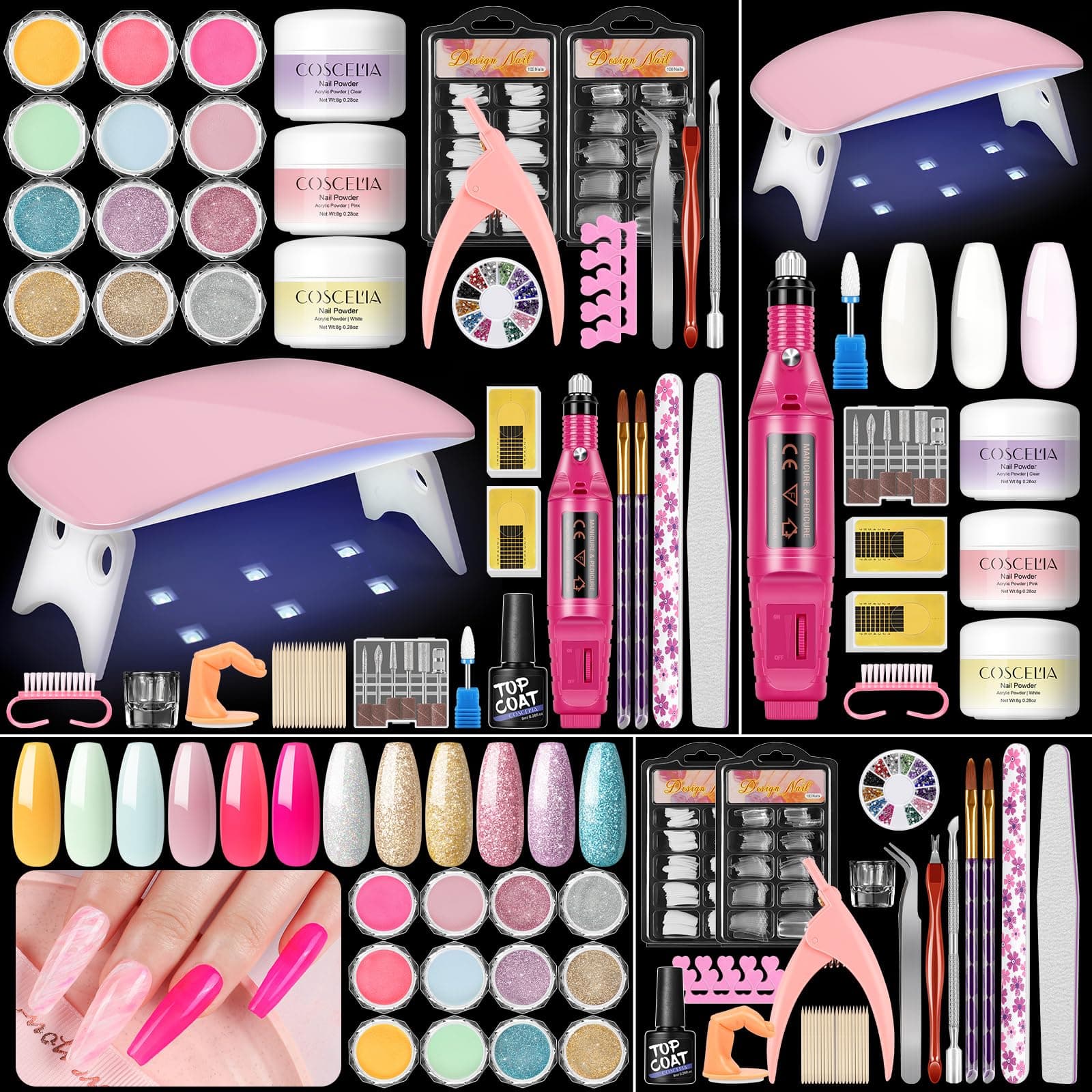 COSCELIA Acrylic Nail Kit for Beginners with Everything Professional Nails Kit Acrylic Set with Drill and U V Light Glitter Powder Decorations Rhinstones DIY Gifts for Women