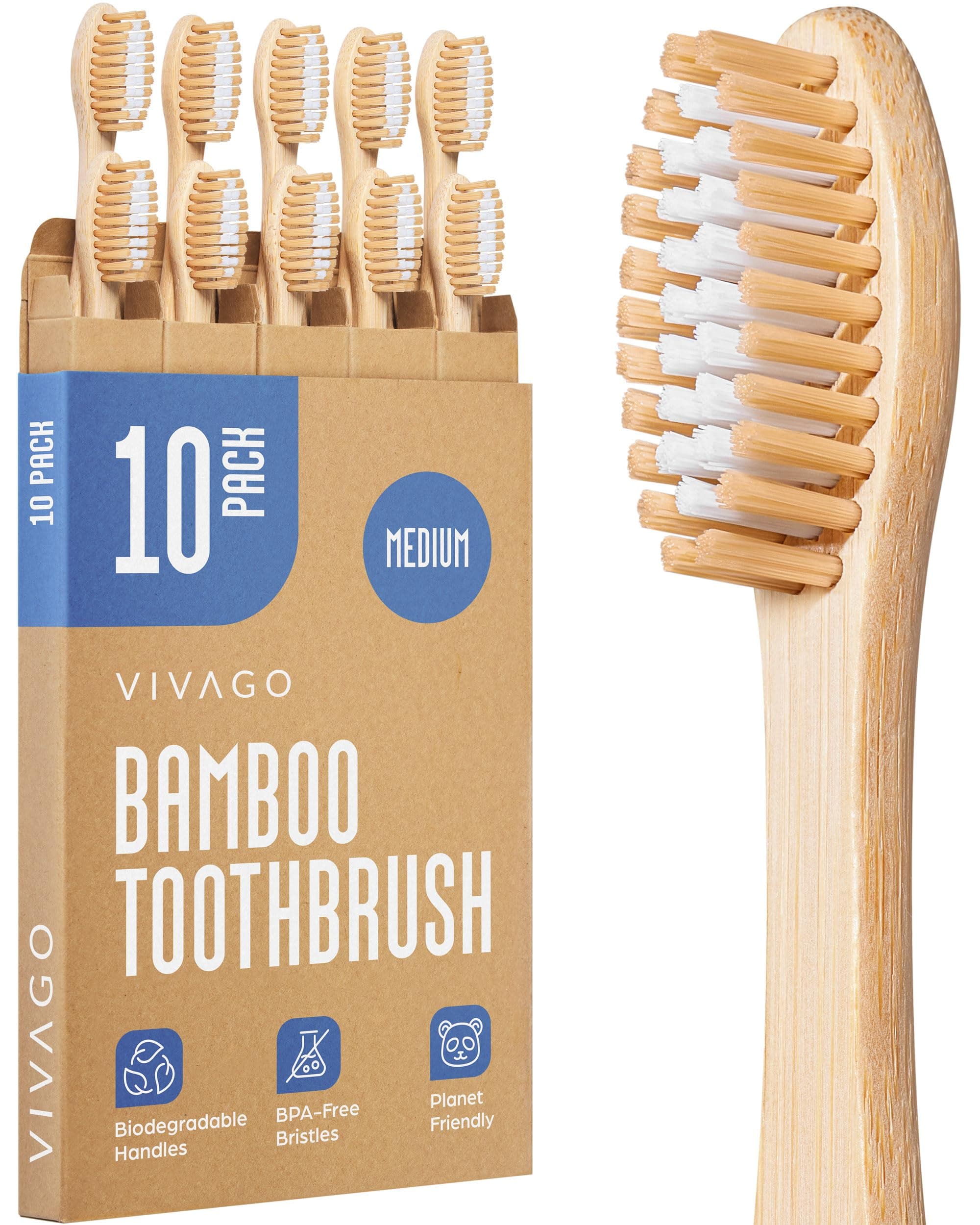 Bamboo Toothbrushes Medium Bristles 10 Pack - BPA Free Medium Bristles Toothbrushes for Adults - Eco-Friendly, Natural Wooden Toothbrush