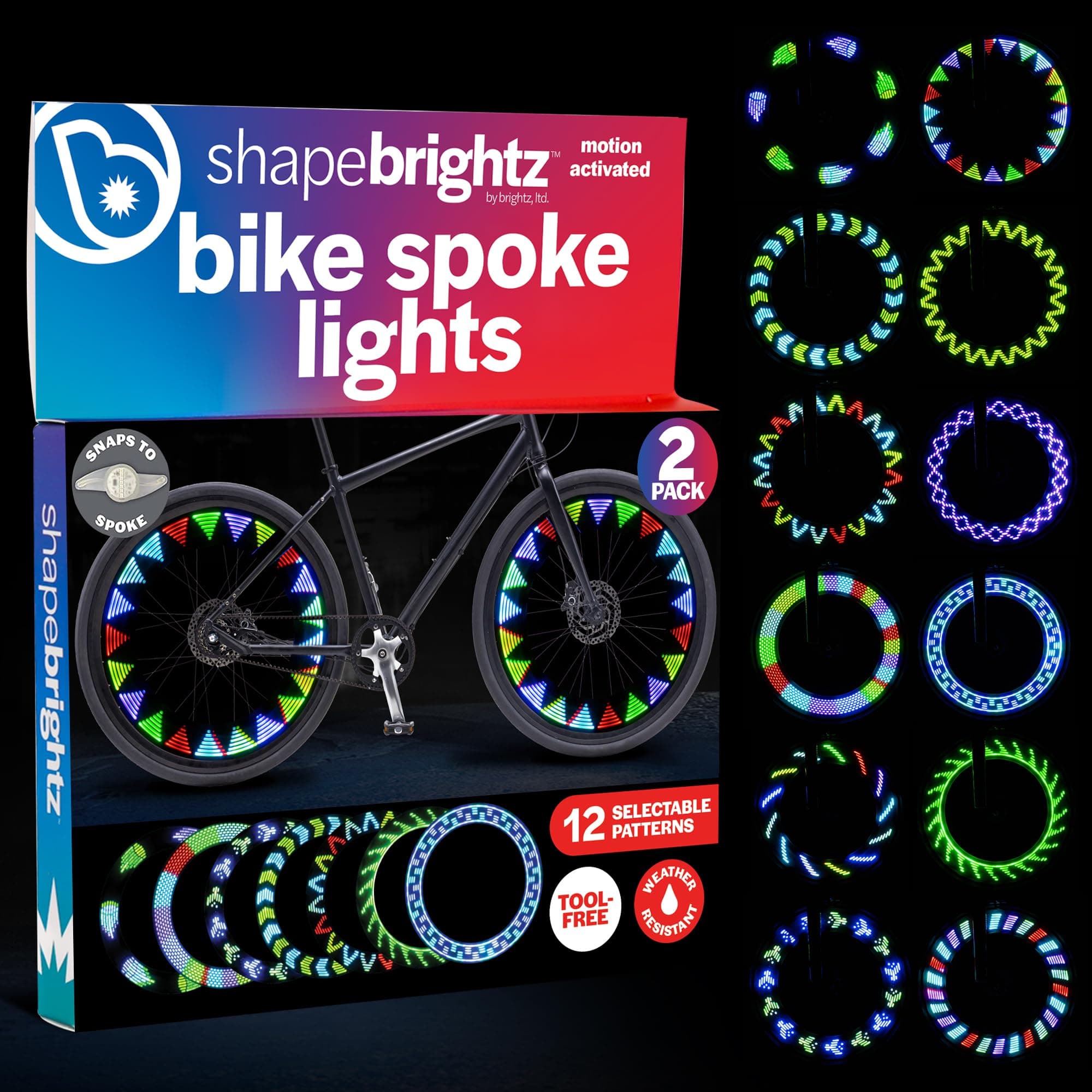 Brightz ShapeBrightz Pattern Making LED Bike Spoke Light, 2-Pack for 2 Tires - Automatically Morph Through 13 Patterns or Set to Your Favorite Pattern - Motion Activated for When Wheels Start Spinning