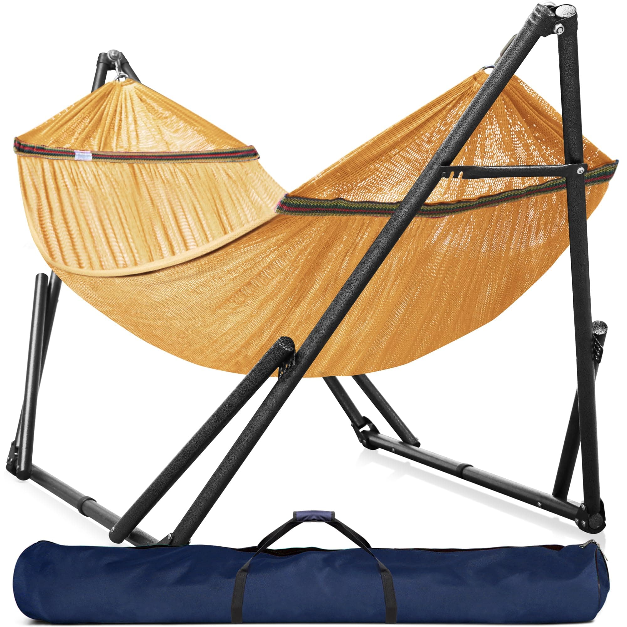Universal Double Hammock with Stand Included for 2 Persons 600 lbs Capacity Portable Foldable with Case - Indoor, Outdoor, Camping, Yellow