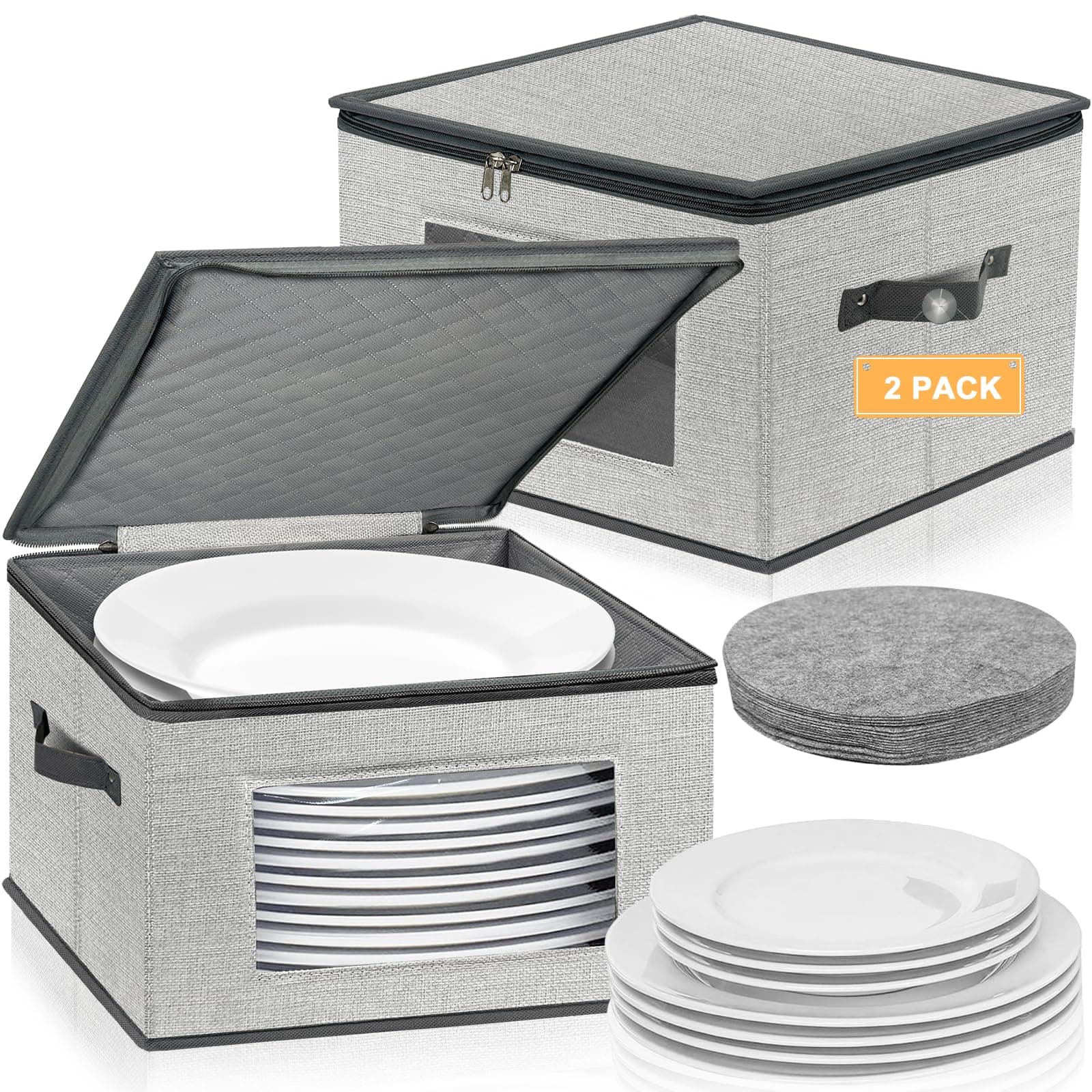 China Storage Containers, 12 Inch Dinner Plate Dish Storage Containers, Hard Shell Quilted Dinnerware Storage Box Case with Lids and Felt Protectors for Dishes Plates Storage and Moving (Light Grey)