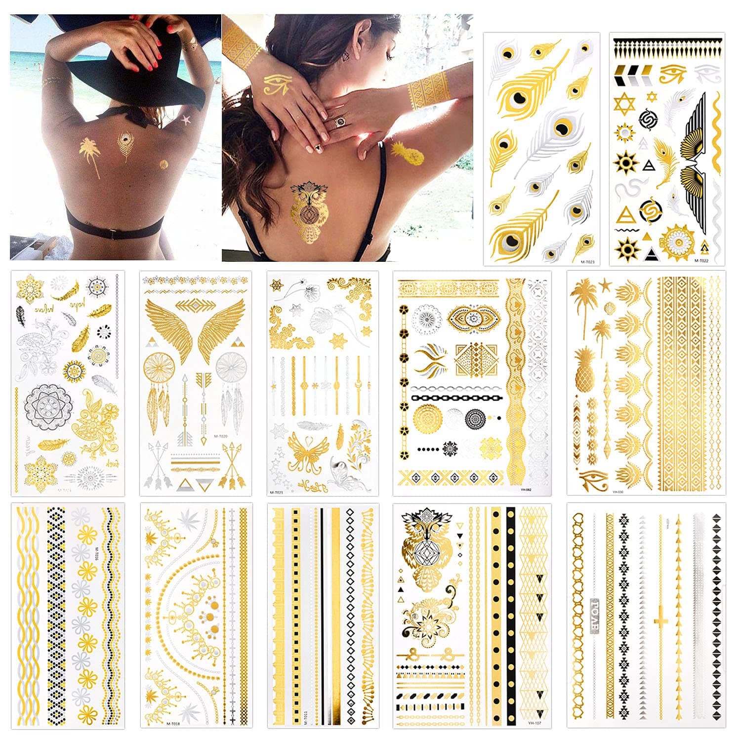 Konsait 12 Sheets Metallic Temporary Tattoos, 150+ Shimmer Designs Black Silver Gold Temporary Tattoo Jewellery Tattoos Flash Fake Waterproof Tattoo Transfer Stickers for Women Girls Body Art
