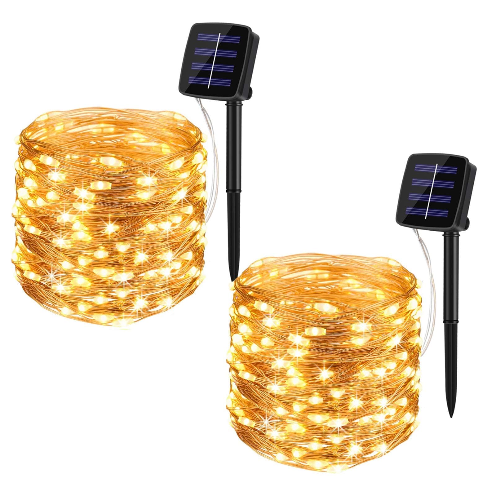 Outdoor Solar String Lights, 2 Pack 33Feet 100 Led Solar Powered Fairy Lights with 8 Modes Waterproof Decoration Copper Wire Lights for Party Patio Gate Yard Wedding Christmas(Warm White,2 Pack)
