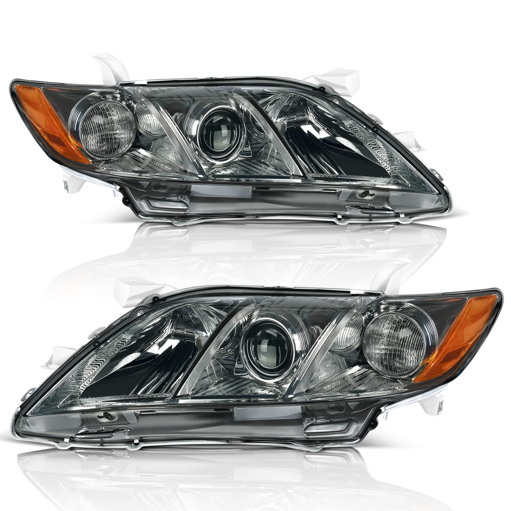 AUTOSAVER88 Projector Headlight Assembly Compatible with 2007-2009 Camry (4-Door Sedan) Exclude Hybird Chrome Housing Amber Reflector Smoke Lens Headlamps Replacement
