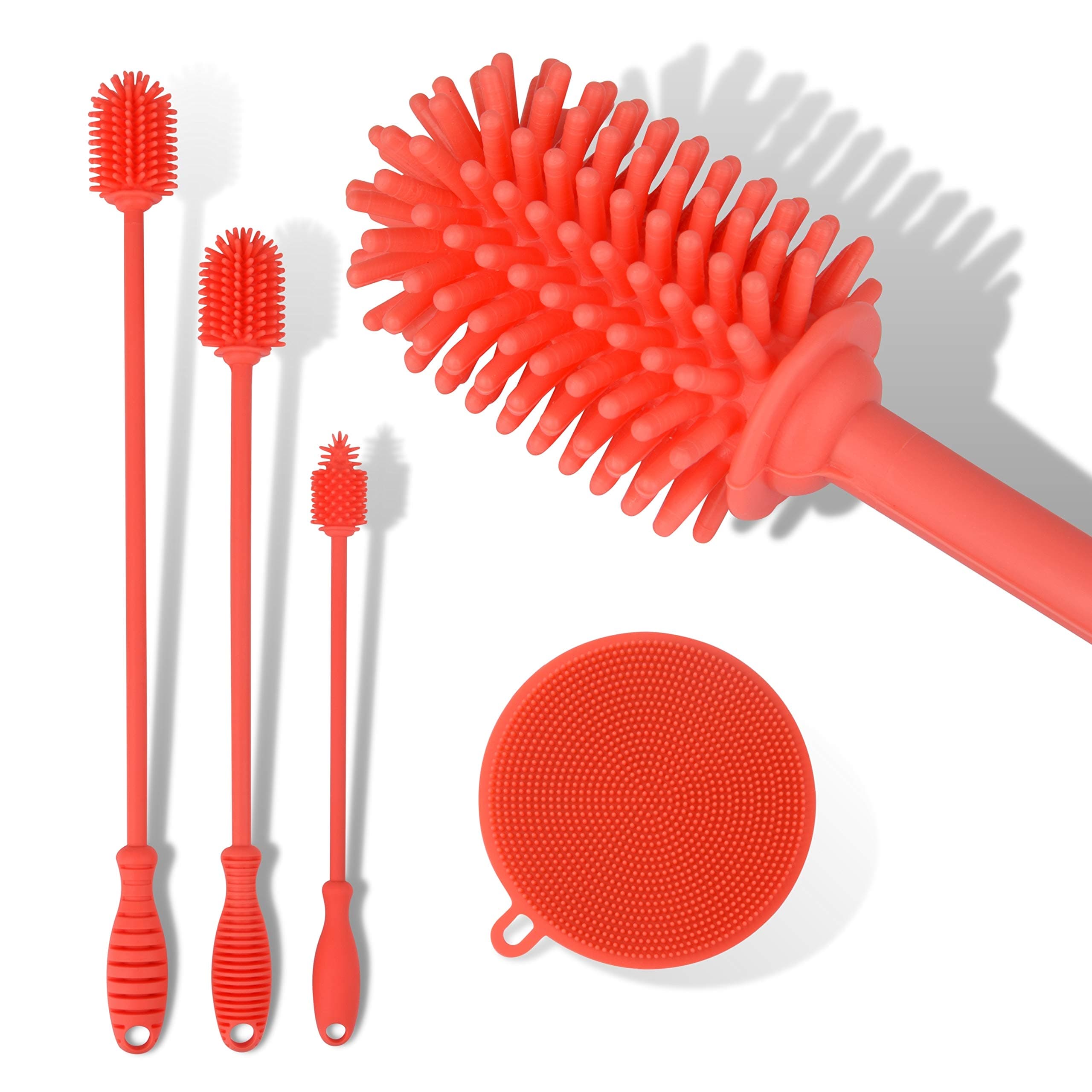 Silicone Bottle Brush | 3 Brushes (Including Extra-Long 15" Brush) + 1 Sponge | Multi-Pack Bottle Cleaner, Vase and Glassware | Water Bottle Cleaning Brush for Washing Narrow Neck Containers