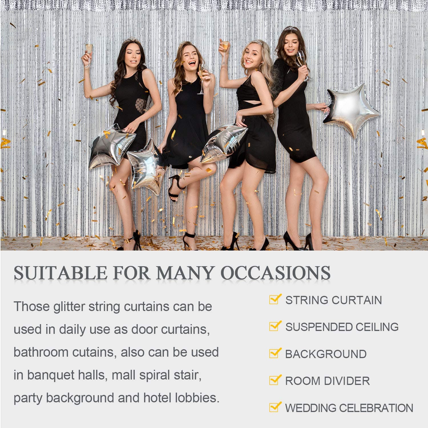 WILLBOND 4 Pieces String Curtains Glitter Fringe Curtains for Window 79 x 39 Inch Door String Curtain Divider Strip Tassel for Wedding Living Room Bathroom Coffee Shop Restaurant (Silver)