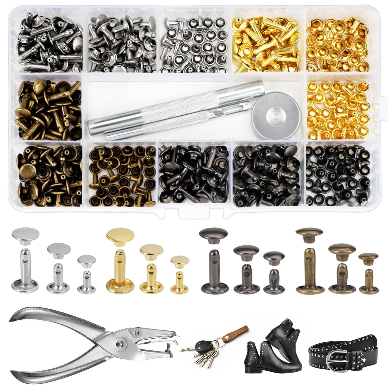 Rairsky Leather Rivet,180pcs Double Cap Rivets Kit,3 Sizes Rivets for Bag Making,4 Colors DIY Leather Craft Repairs Decoration,Metal Studs Rivets for Clothes,Shoes,Belts,Handbags