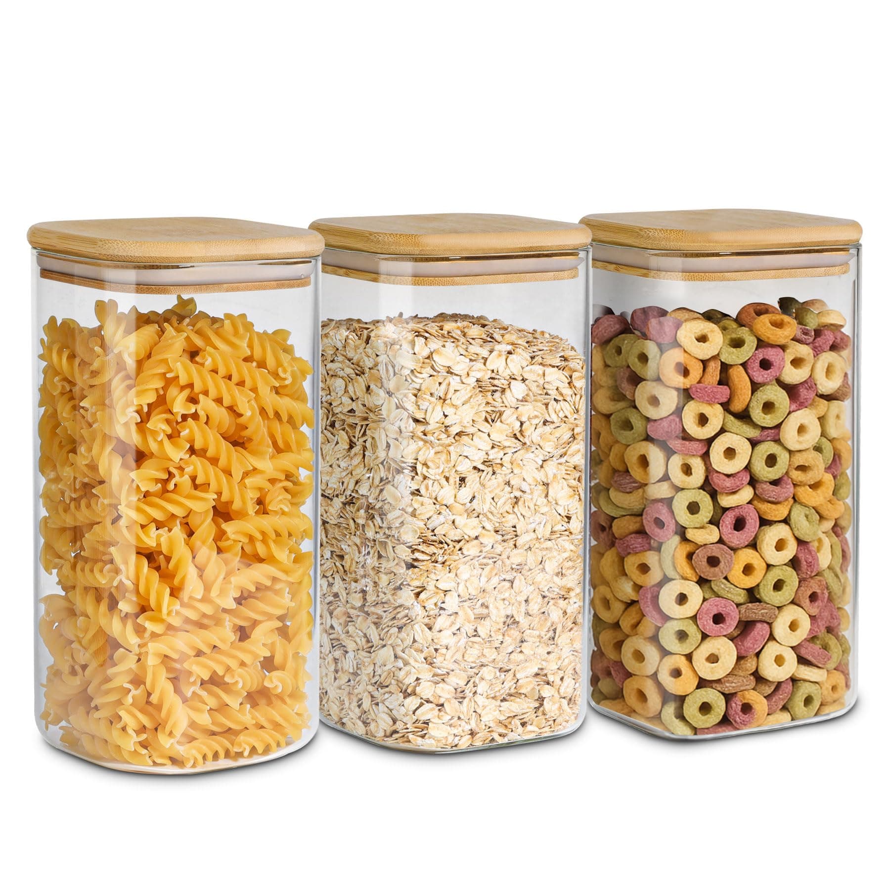 ComSaf Airtight Glass Storage Canister with Wood Lid (50oz), Clear Food Storage Container Jar with Sealing Bamboo Lid for Noodles Flour Cereal Rice Sugar Tea Coffee Beans, Set of 3
