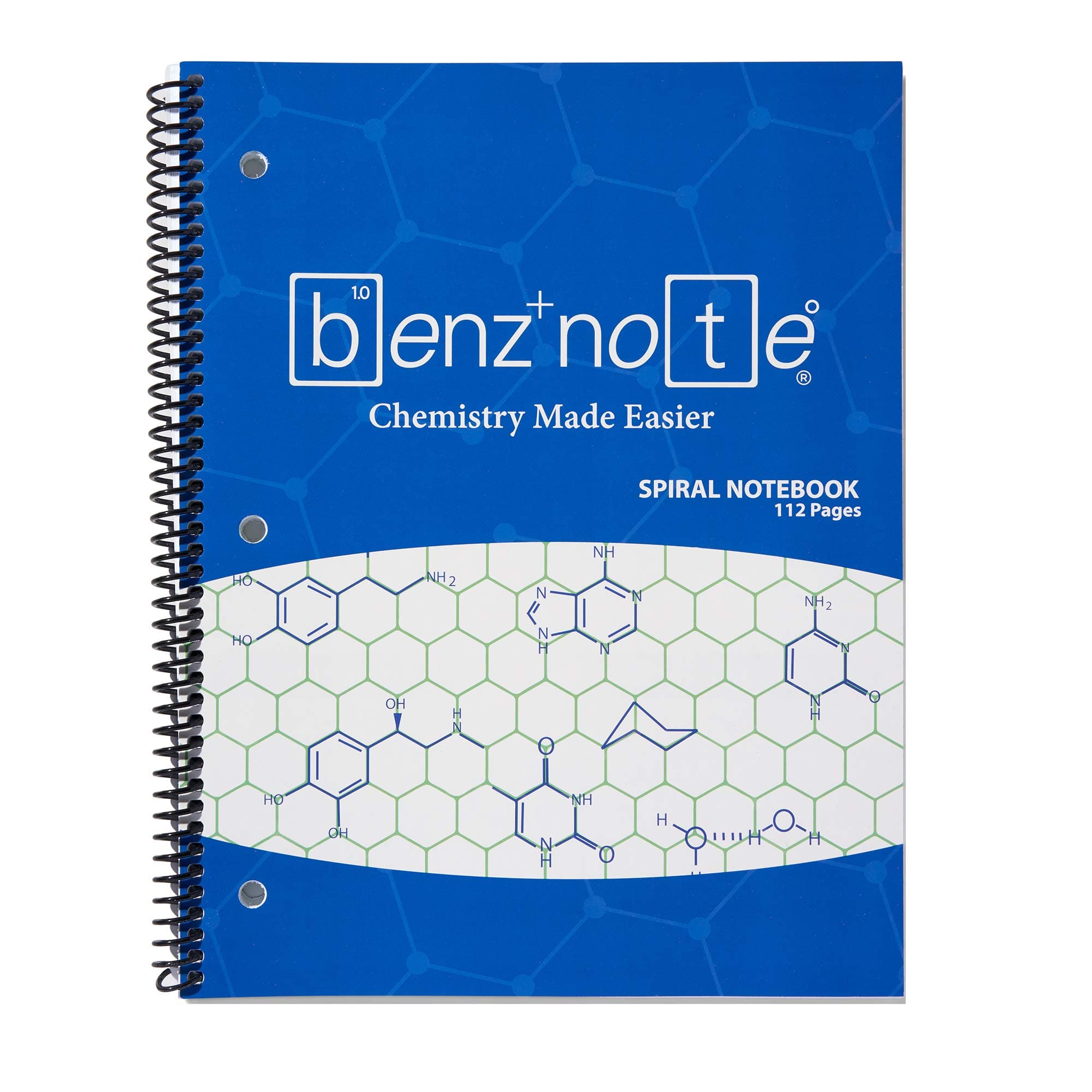 BENZNOTE, Spiral Notebook, for Organic and Biochemistry, 8-1/2" x 11", Hexagonal Graph Rule, Green Lined, 3-Hole Punched, Perforated Edges, 112 Pages