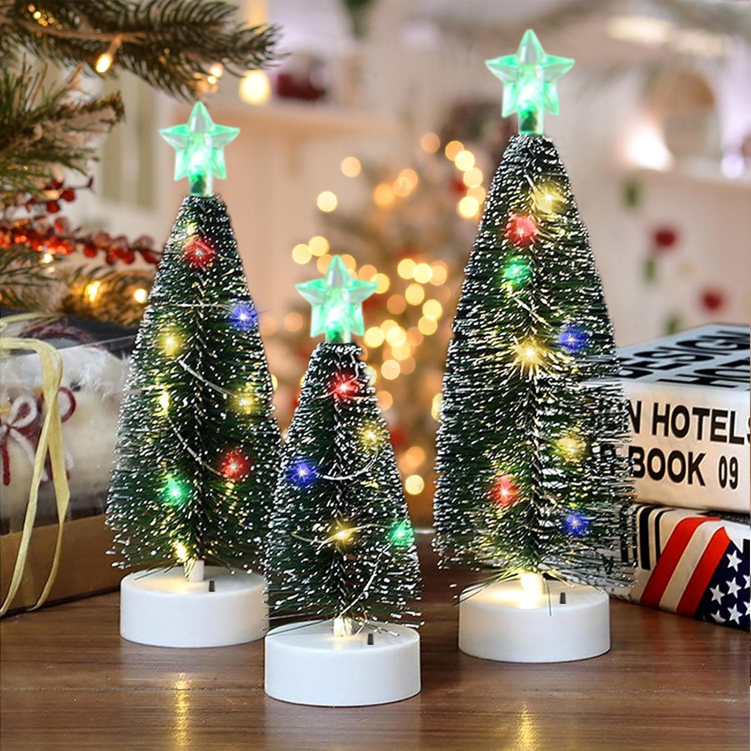 3 PCS Small Christmas Tree with Lights, Table Top Christmas Tree with Colorful Lights and Snow Mini Artificial Xmas Tree for Home Office Tabletop Desktop Christmas Decorations