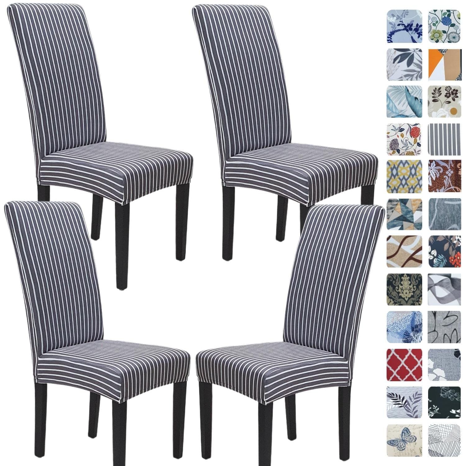 SPRINGRICO 4 Pack Chair Covers for Dining Room, Stretch Dining Chair Cover, Washable Spandex Kitchen Parsons Chair Slipcovers, Dark Gray & White Stripe Pattern (Set of 4, STYLE04)