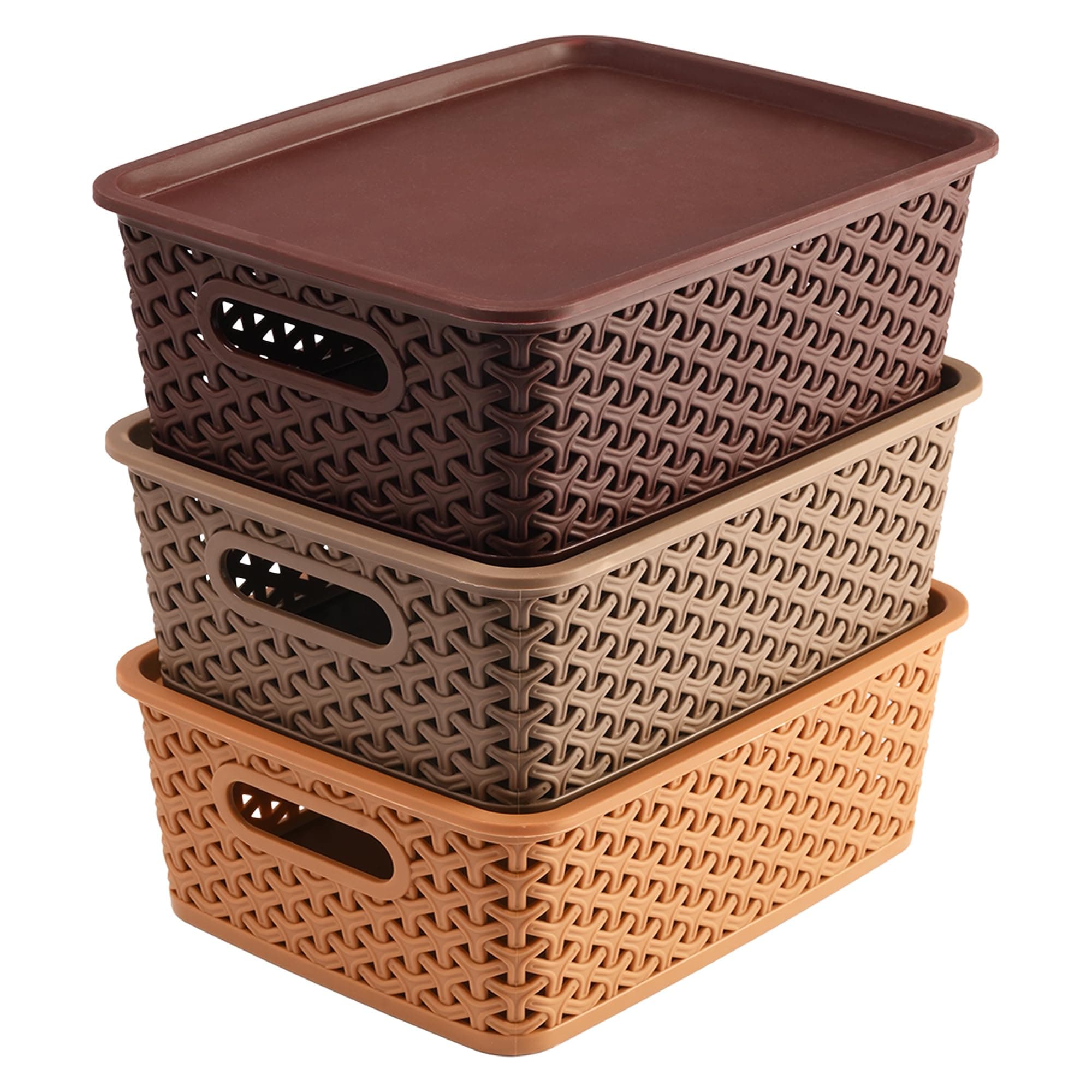 Kuber Industries Multipurpose Solitaire Storage Basket with Lid|Strong Plastic Material & Side Grip|Size Medium 30 x 24 x 12, Pack of 3 (assorted)-CTLTC10891