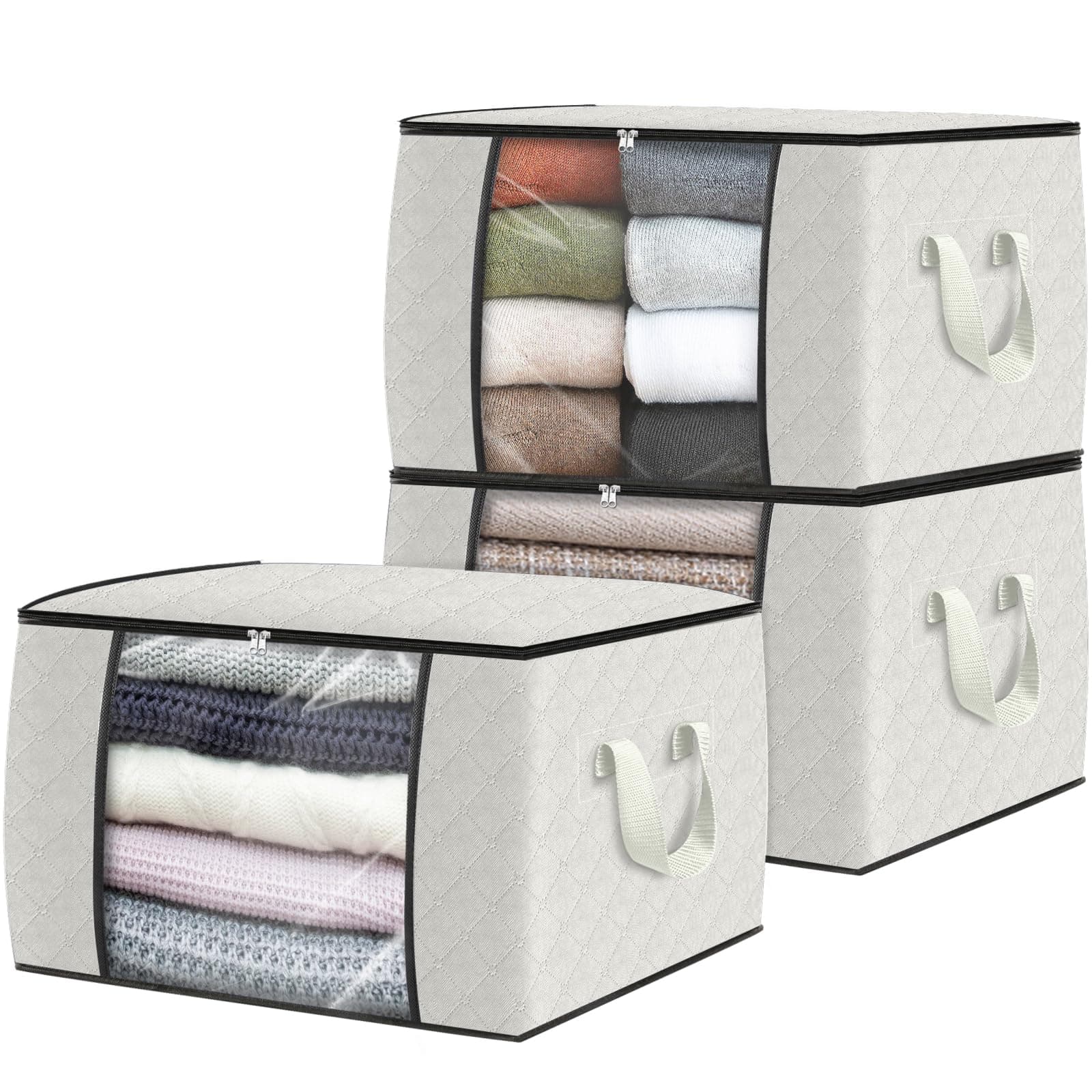 Fab totes 3 Pack Clothes Storage, Foldable Thick Fabric Blanket Storage Bags, Containers for Organizing Bedroom, Closet, Clothing, Comforter, Organization with Handle,Ivory White