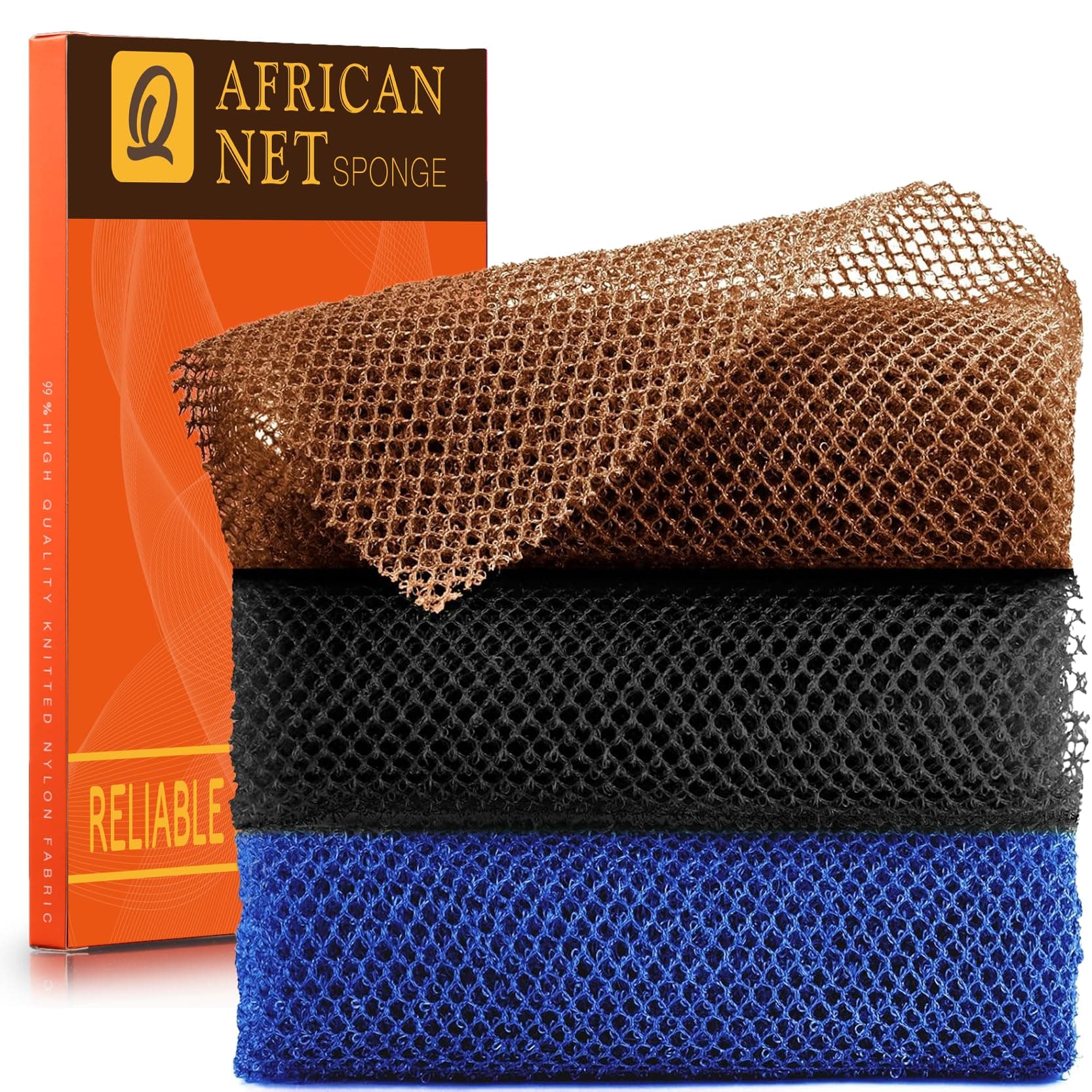 3 Pieces African Bath Sponge African Net Long Net Bath Sponge Exfoliating Shower Body Scrubber Back Scrubber Skin Smoother,Great for Daily Use (Black、Blue、Brown)