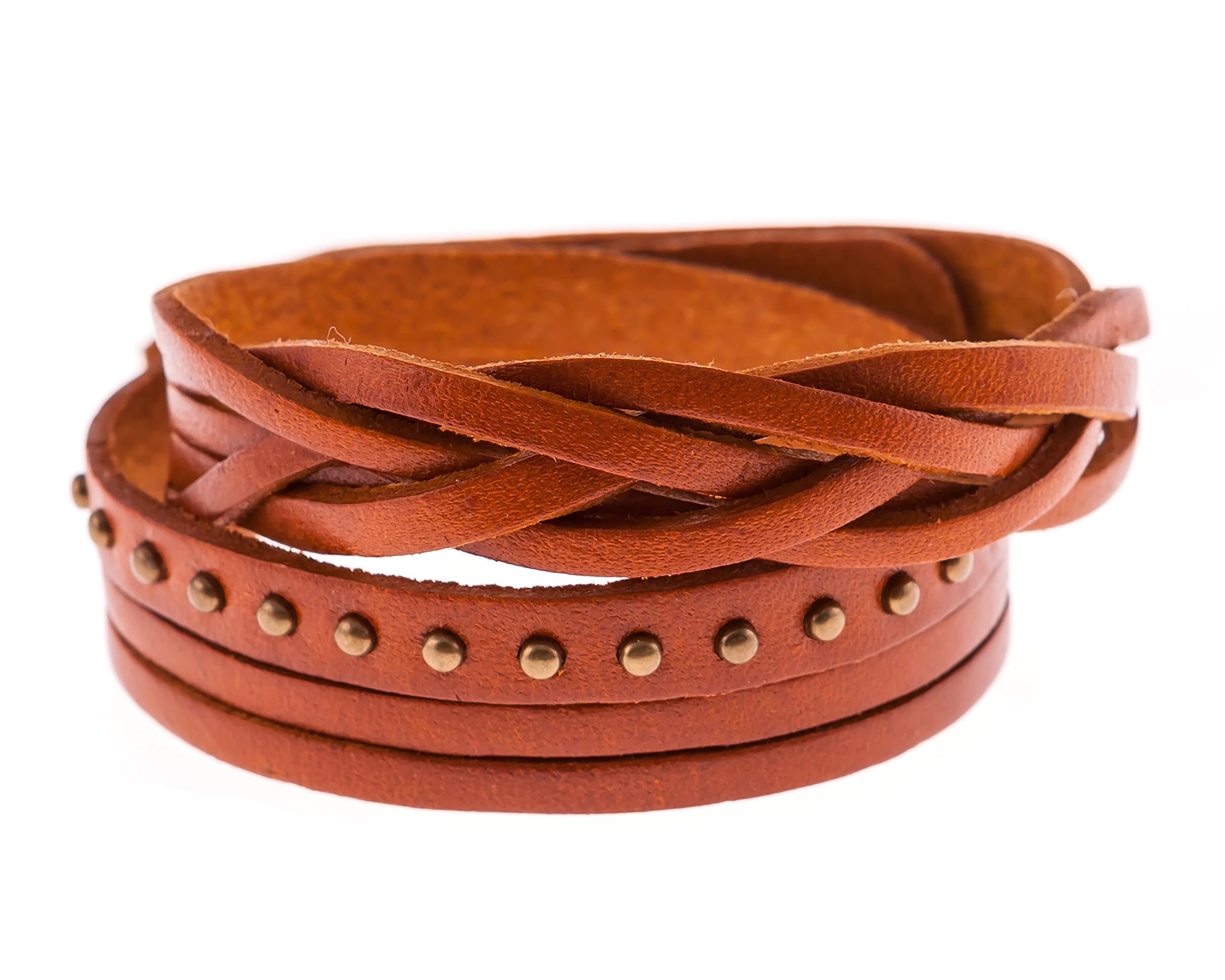 Genuine Leather Wrap Bracelet Braided Round Studded Stranded
