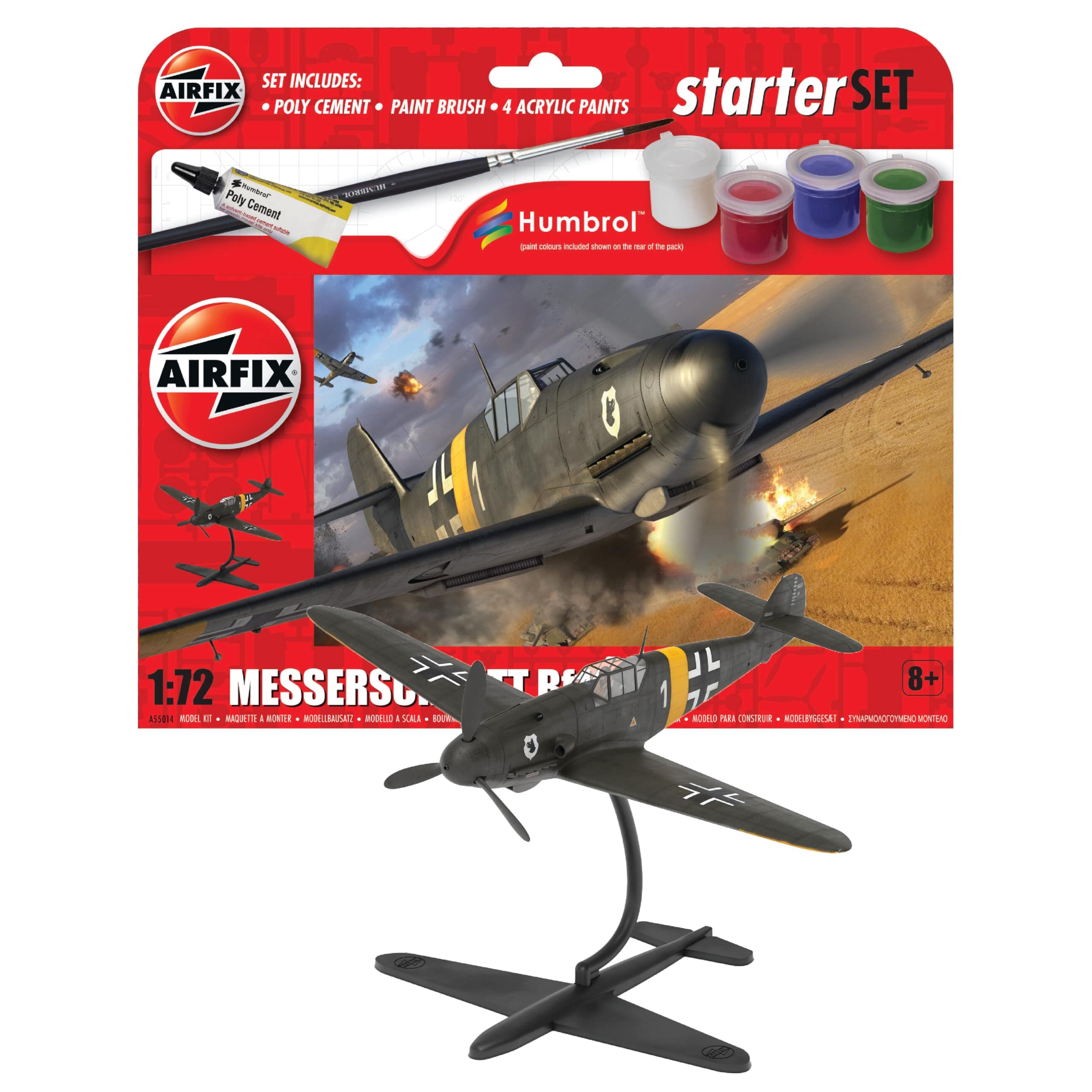 Starter Set - A55014 Messerschmitt Bf109F-4 Model Building Kit - Plastic Model Plane Kits for Adults & Children 8+, Set Includes Decals, Acrylic Paints, Brushes & Poly Cement - 1:72 Scale
