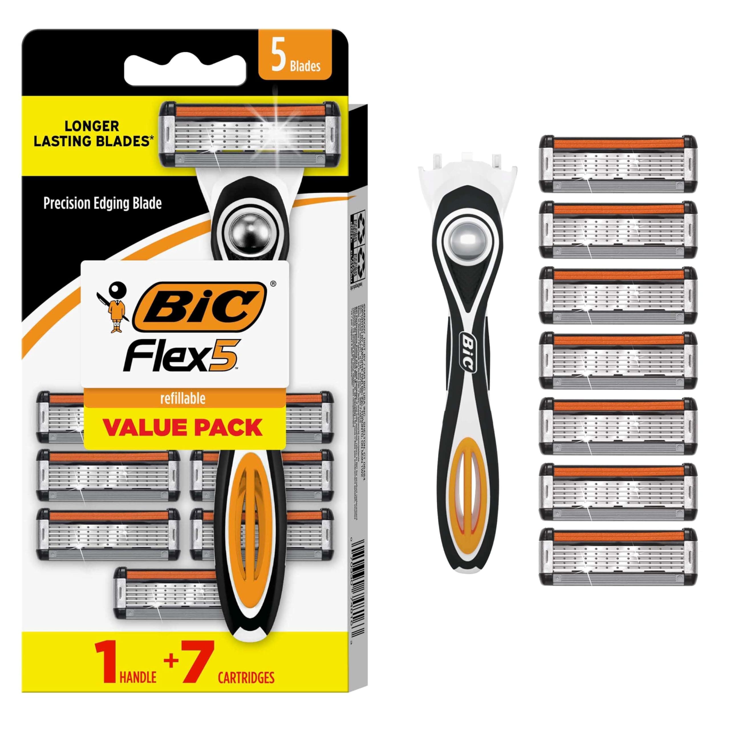 Flex 5 Refillable Razors for Men, Long-Lasting 5 Blade Razors for a Smooth and Comfortable Shave, 1 Handle and 7 Cartridges, 8 Piece Shaving Kit