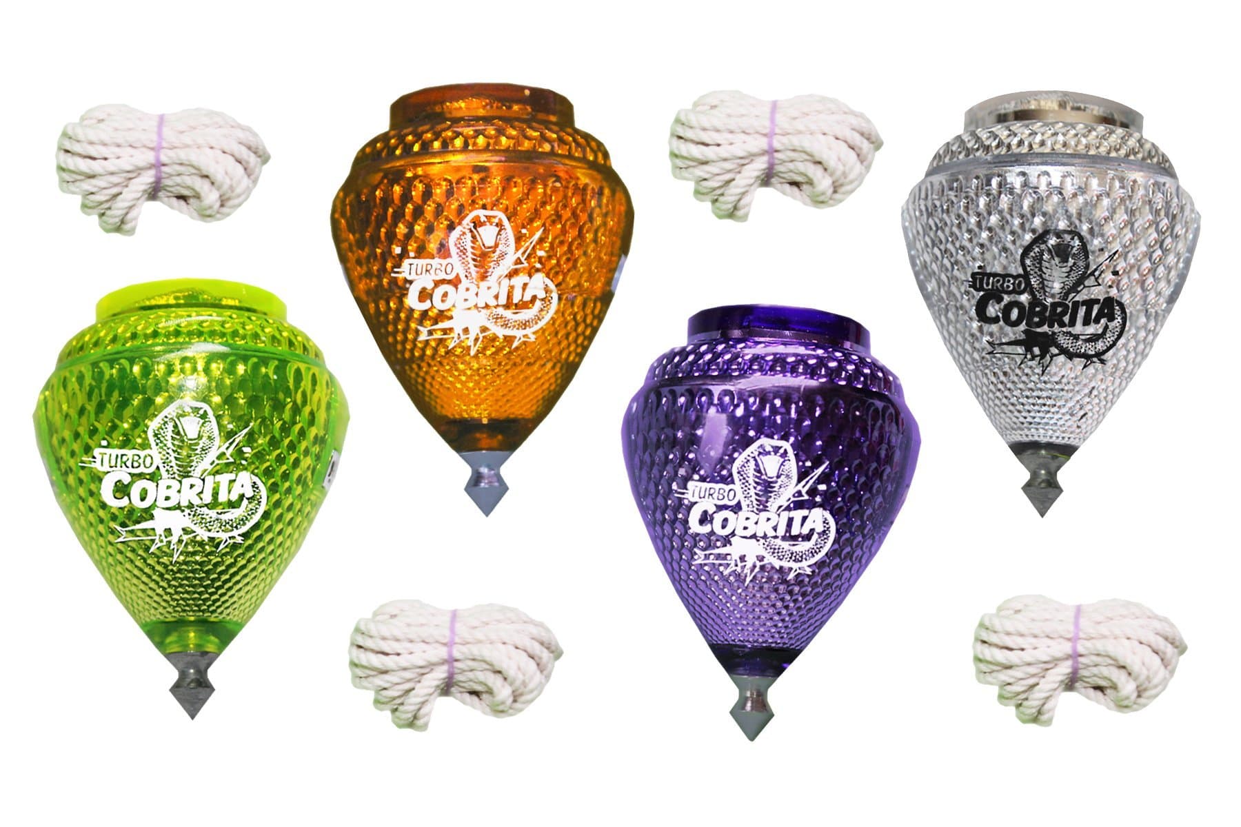 REYINL 4 Pack Mini Cobra Durable Plastic Spin Tops & Metal Tip Made in Mexico - Trompo Mexicano COBRITA Plástico Durable & Punta de Metal (Pack of 4 Assorted Colors)