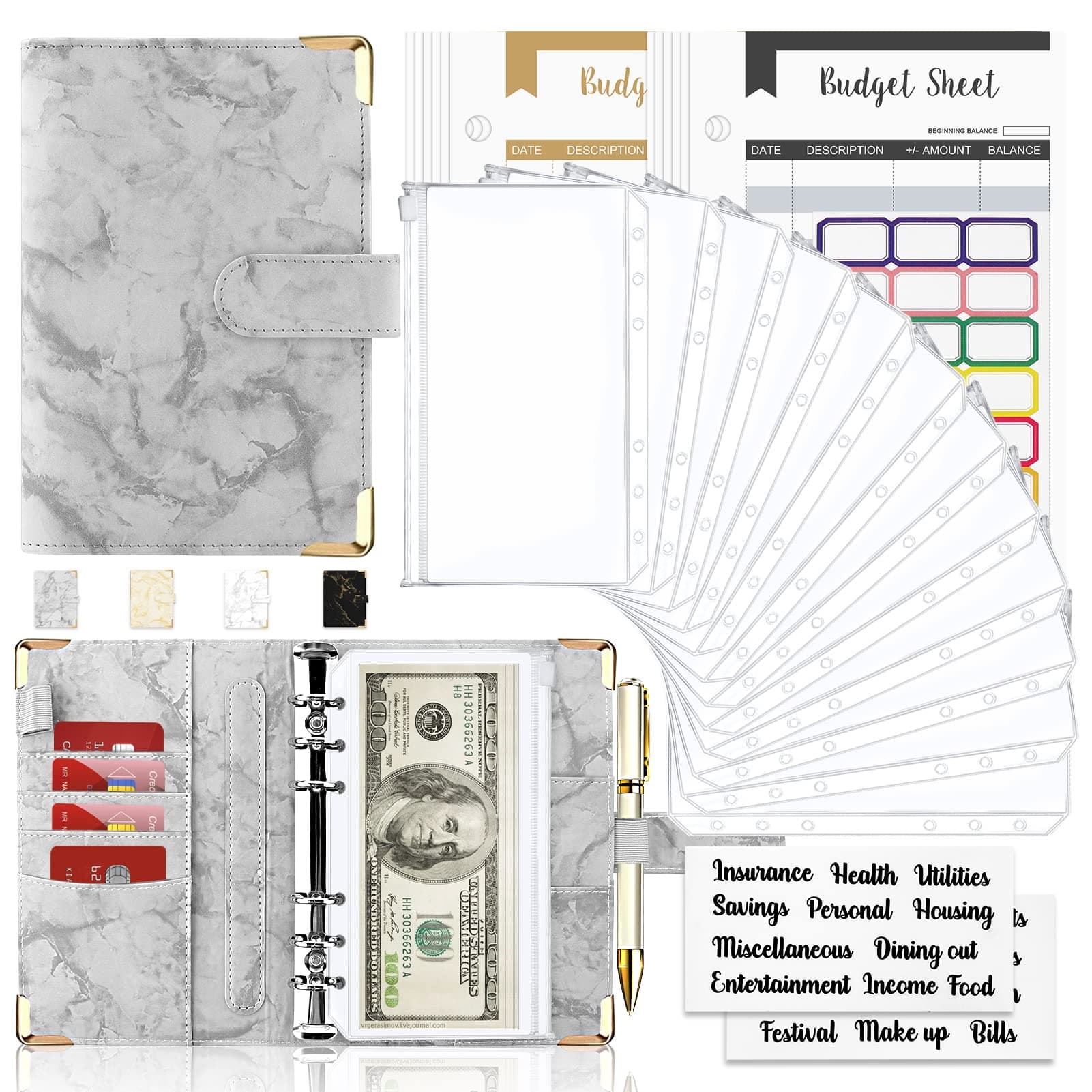 Onlyesh Budget Binder with Cash Envelopes, 28Pcs Marble 6Ring Saving Binder (Grey)
