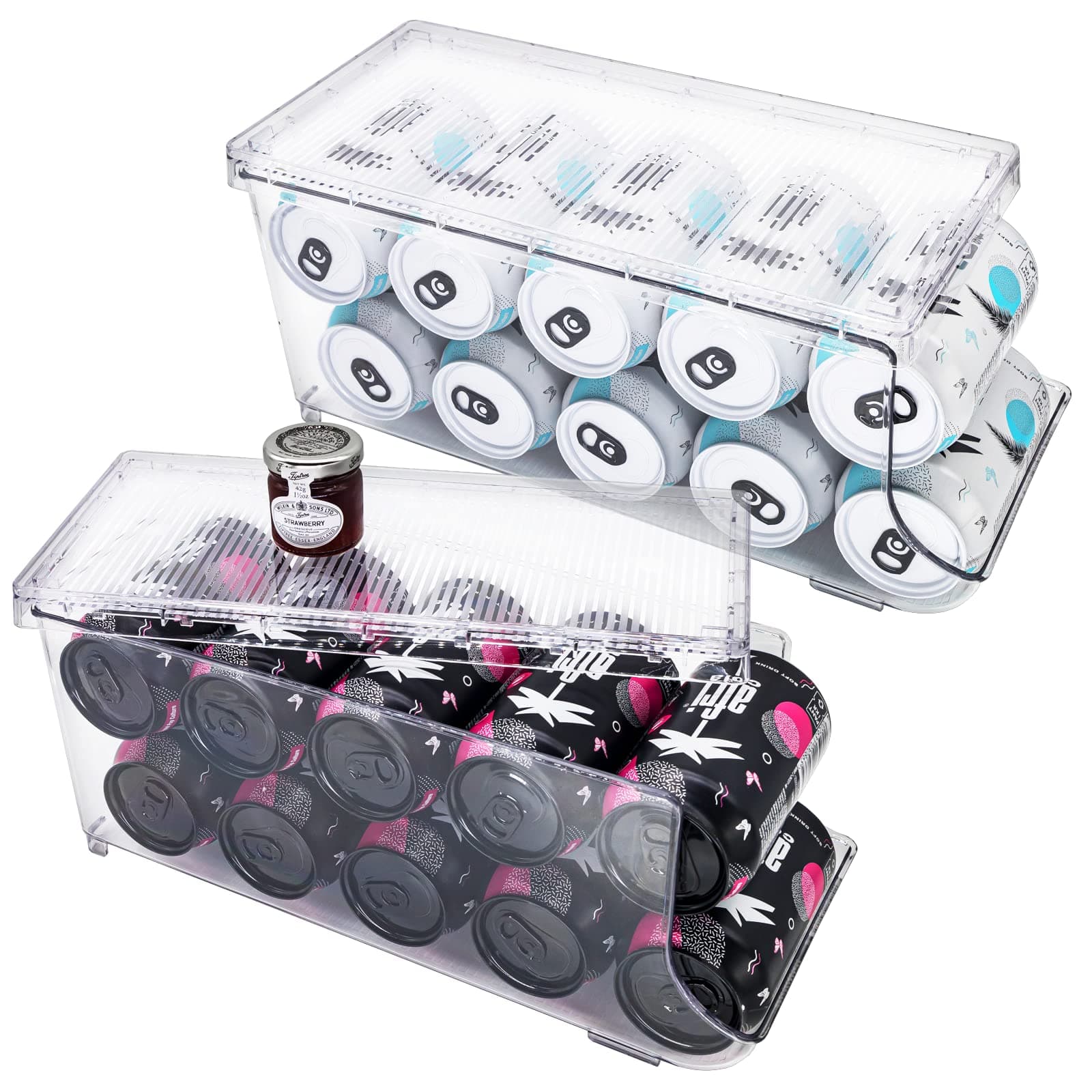 Soda Can Organizer for Refrigerator, Stackable Canned Food Pop Cans Container Can Holder Dispenser with Lid for Fridge Pantry Rack Freezer, Clear Plastic Storage Bins (Hold 20 Cans)