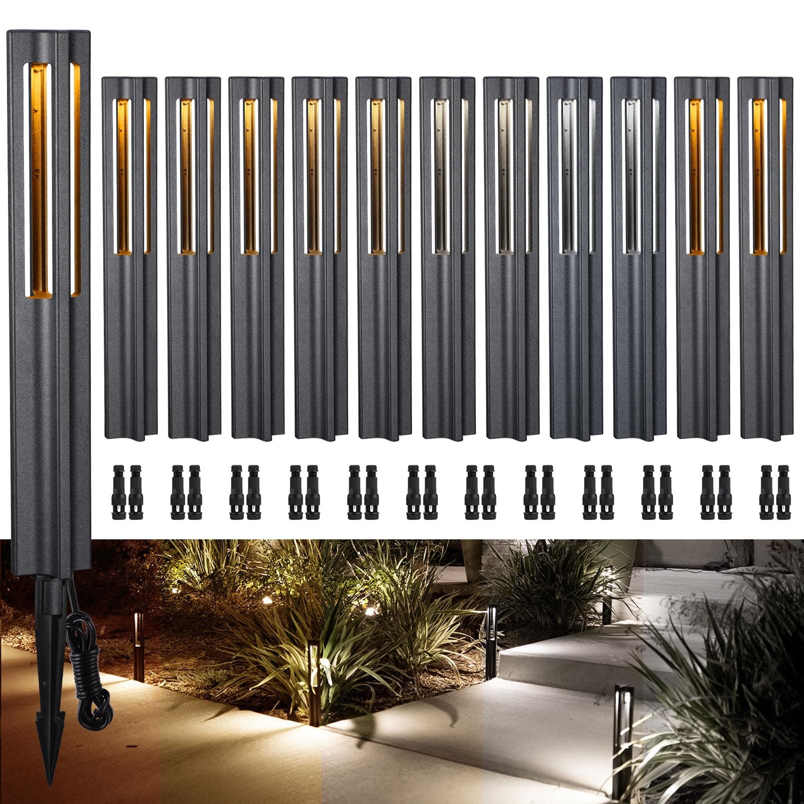 LEONLITE 12-Pack 5CCT Low Voltage Path Lights, Update 1800K2700K3000K4000K5000K Selectable, 3W LED Landscape Pathway Lights, Outdoor Landscape Lighting for Driveway, Aluminum, 12-24V, ETL, IP65, Black