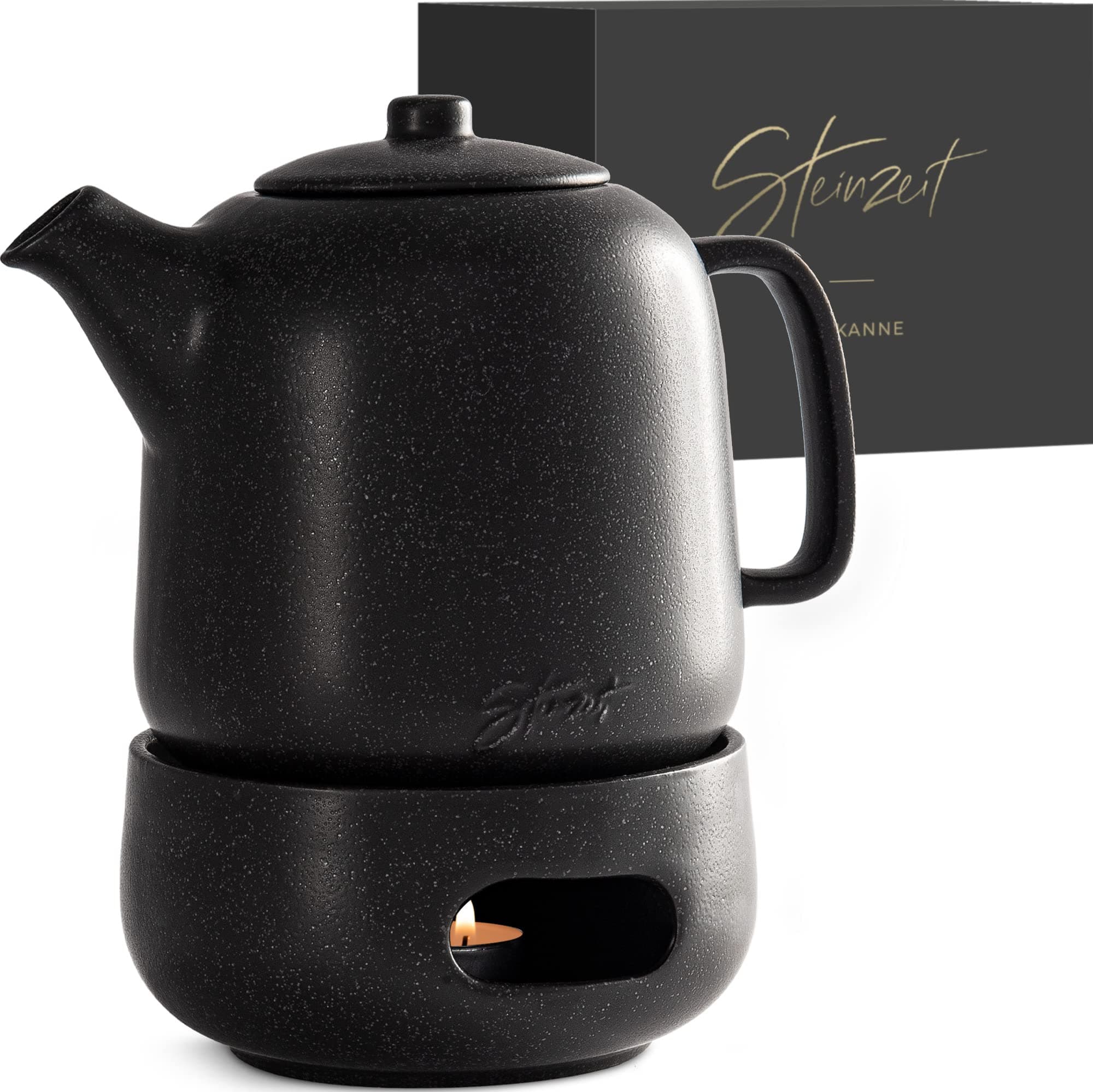 Steinzeit Design Tea Pot with Warmer (44 oz) - Premium Ceramic Teapot with Infuser for Loose Tea - Black Teapot Ceramic with Removable Steamer