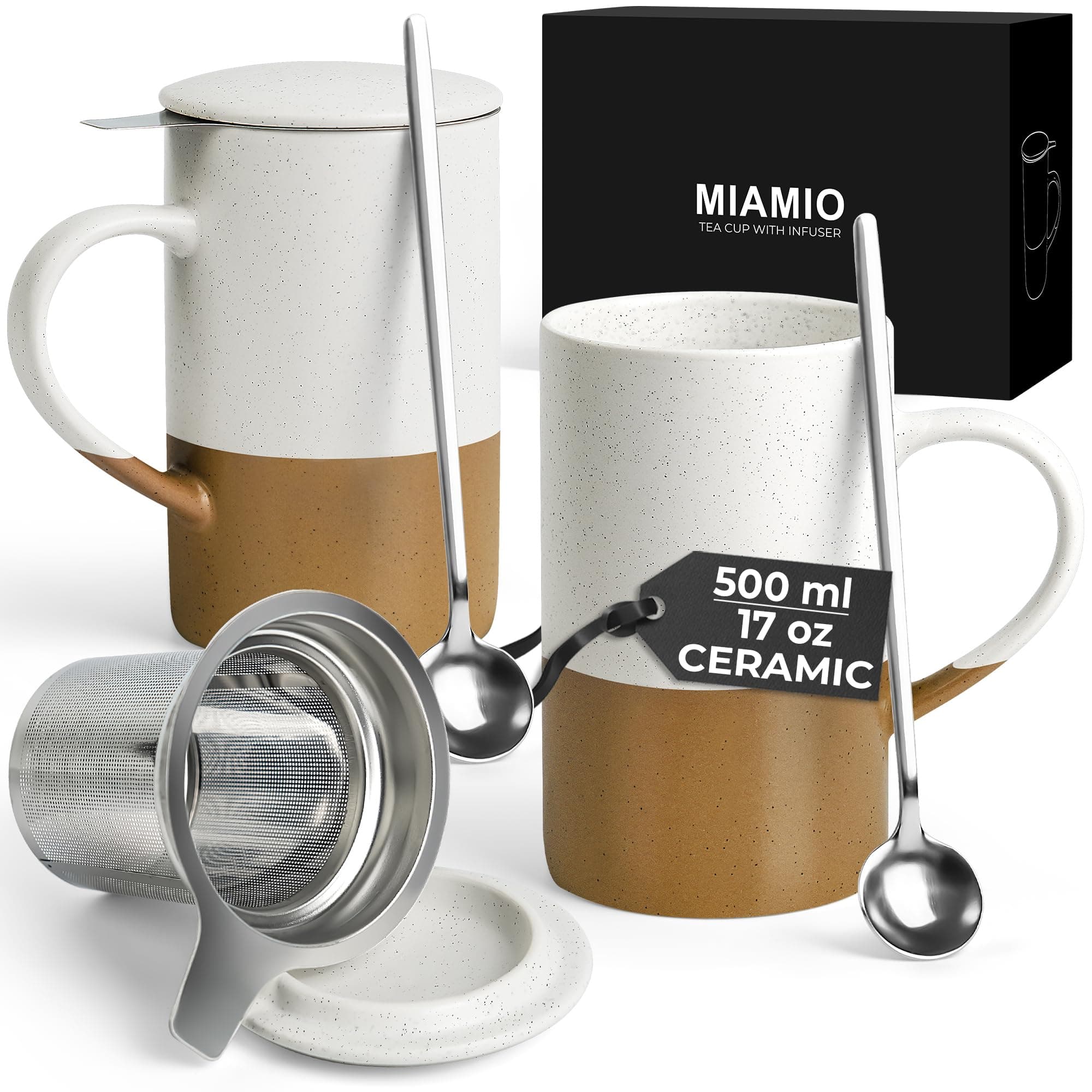 MIAMIO - Tea Cup Set 2 x 500 ml with Infuser and Lid/Ceramic Tea Mug with Infuser and Spoon for Steeping Loose Leaf Tea, Gifts for Tea Lovers - Microwave & Dishwasher Safe (Brown)