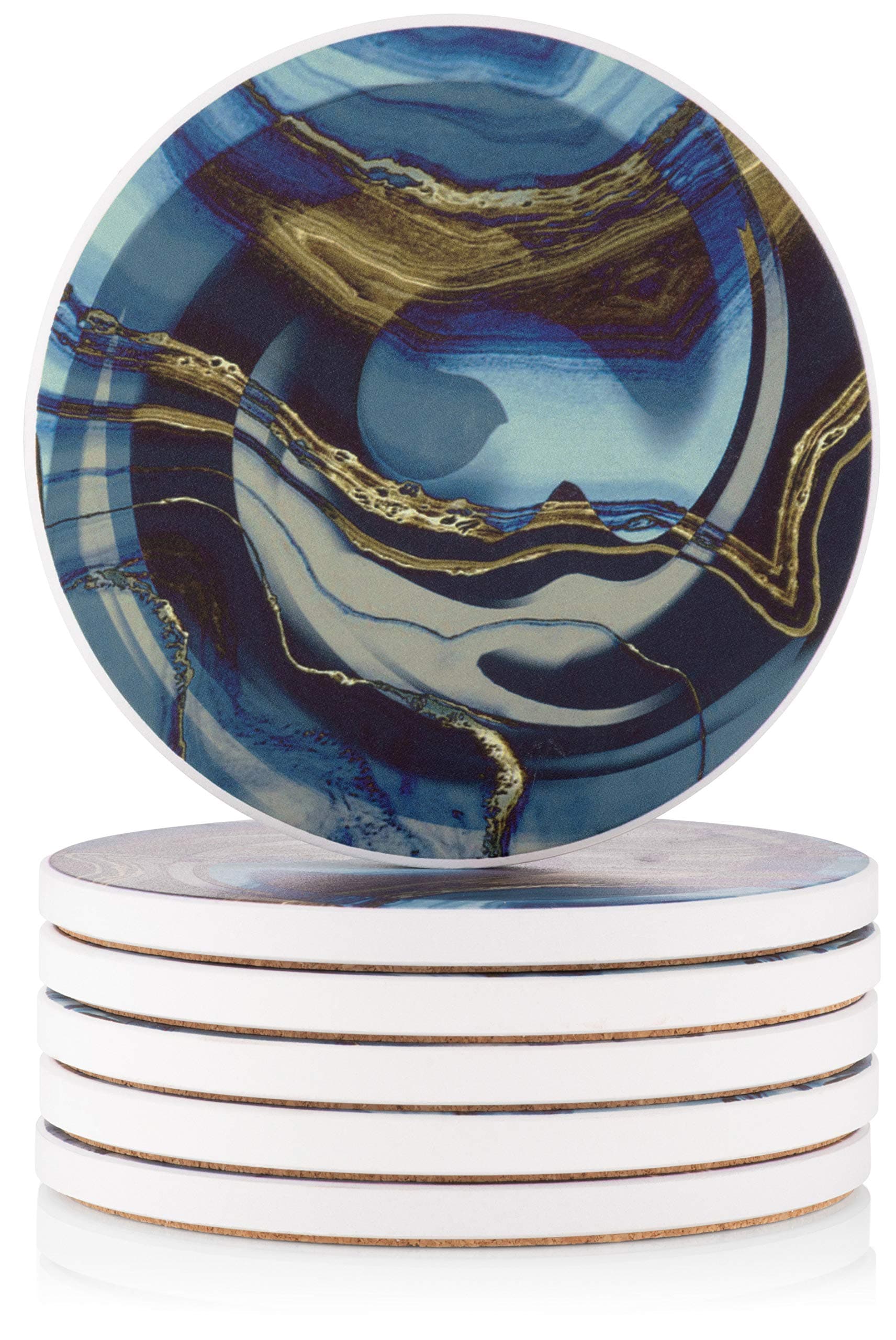 Nasema Kitchen 6-Piece Ceramic Coasters for Drinks Absorbent with Cork Scratch Protection, 4-Inches Navy Blue and Gold Marble Lines for Cups and Glasses