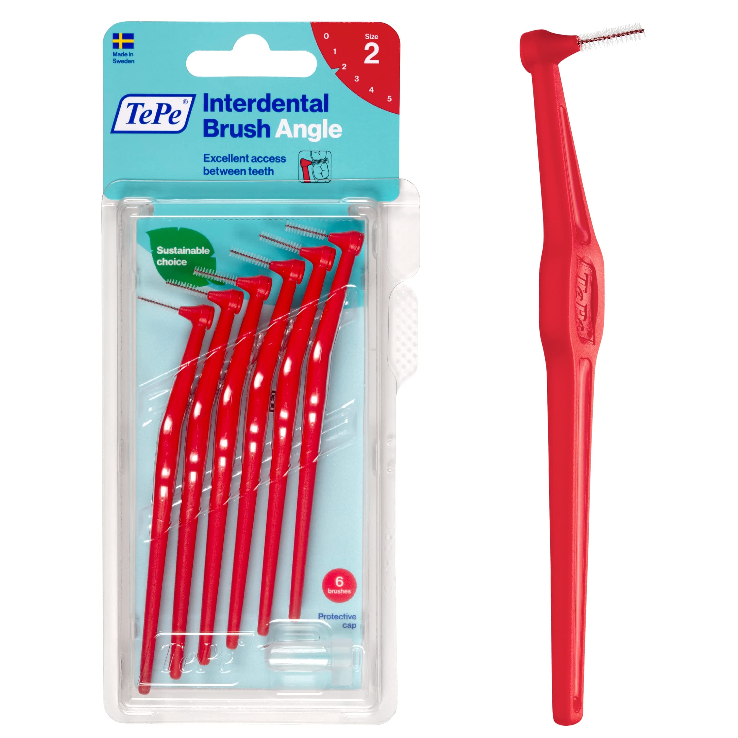 Interdental Brush Angle, Angled Dental Brush for Teeth Cleaning, Pack of 6, 0.5 mm, Extra-Small/Small Gaps, Red, Size 2