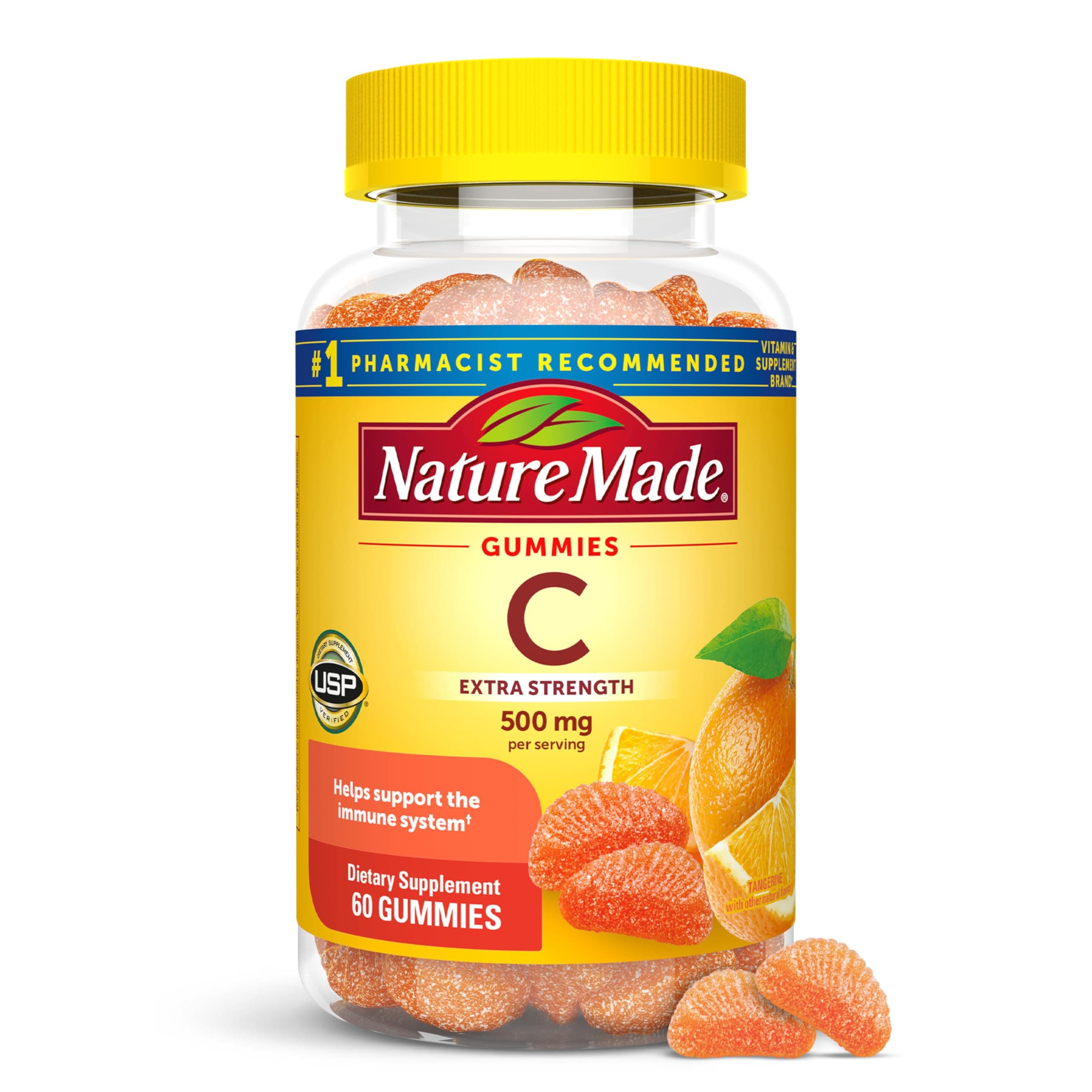 Extra Strength Dosage Vitamin C 500 mg per serving, Dietary Supplement, Vitamin C Gummies for Immune Support, 60 Gummies, 30 Day Supply