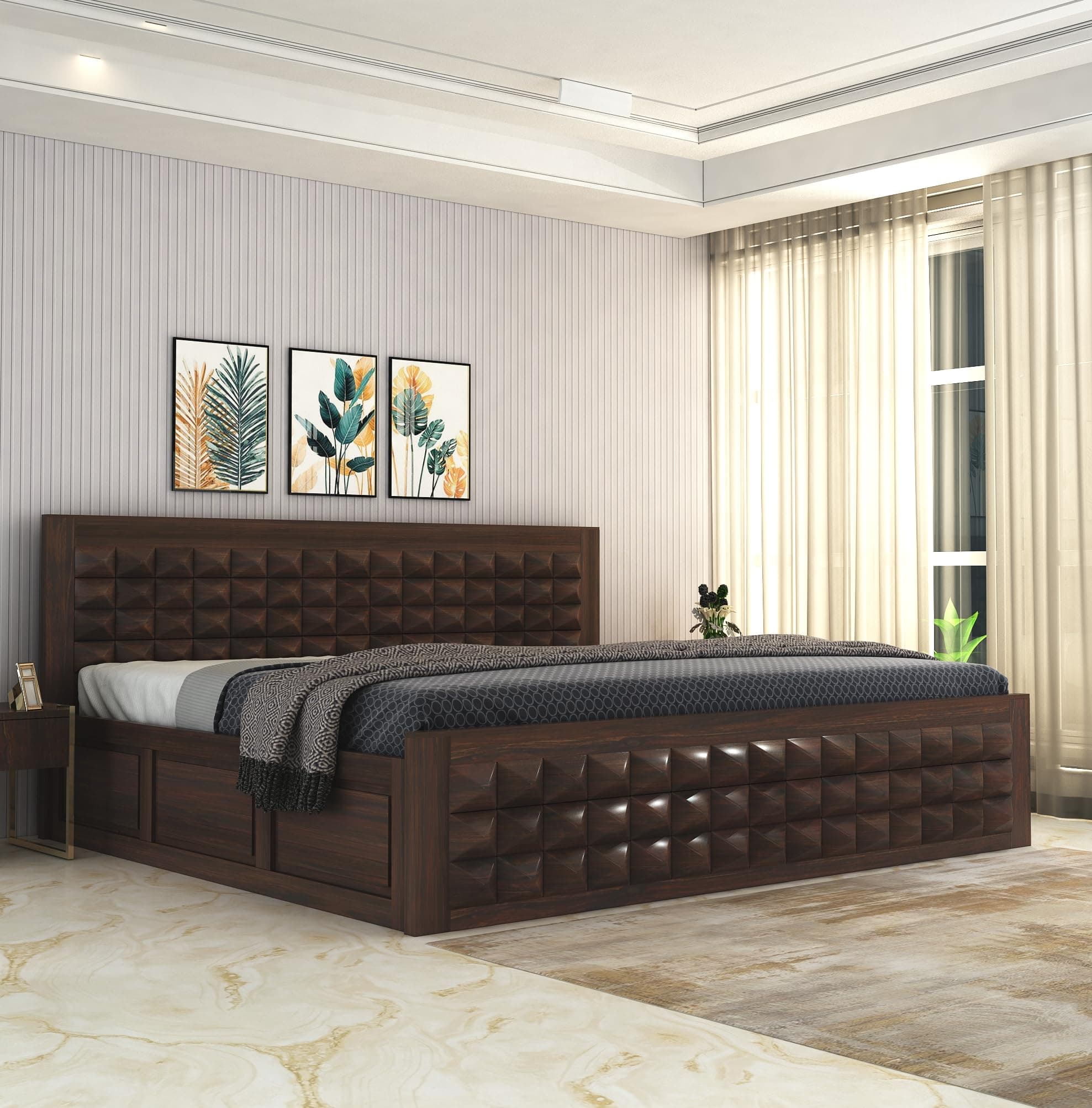 SONA ART & CRAFTS Diamond Solid Sheesham Wood King Size Bed with Storage Box + 2 Side Tables | Wooden King Size Cot Bed | Double Bed with Box - Walnut Finish (Assembly Included)