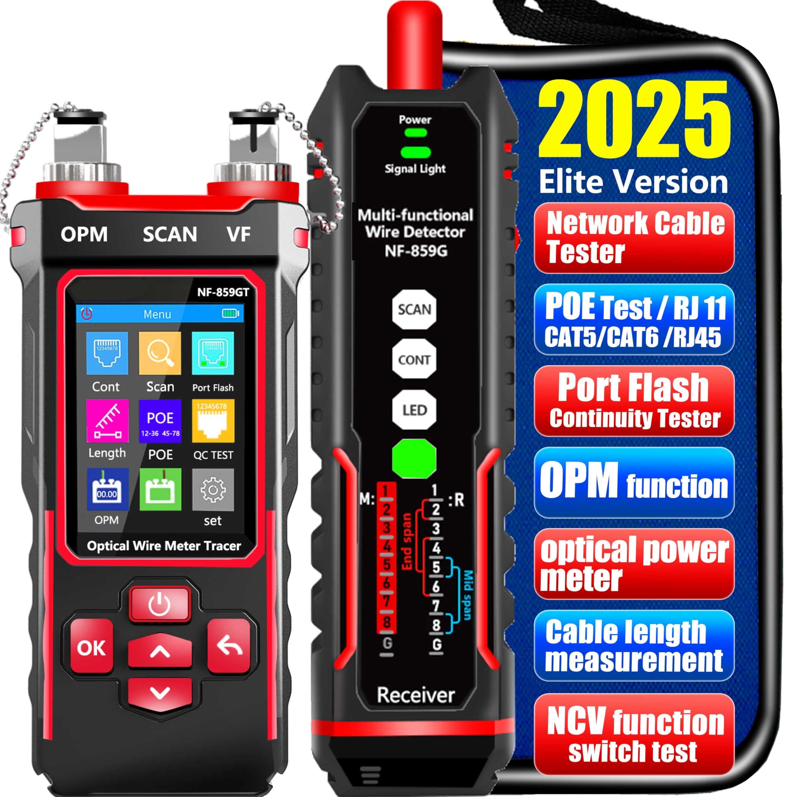 NOYAFA NF-859GT Network Cable Tester with Optical Power Meter 10mw VFL,for RJ45 RJ11 CAT5 CAT6 POE/Phone Lines CAT3, LAN Tone Probe Kit NCV&Ethernet Wire Tracer Fiber Tester Network Tools