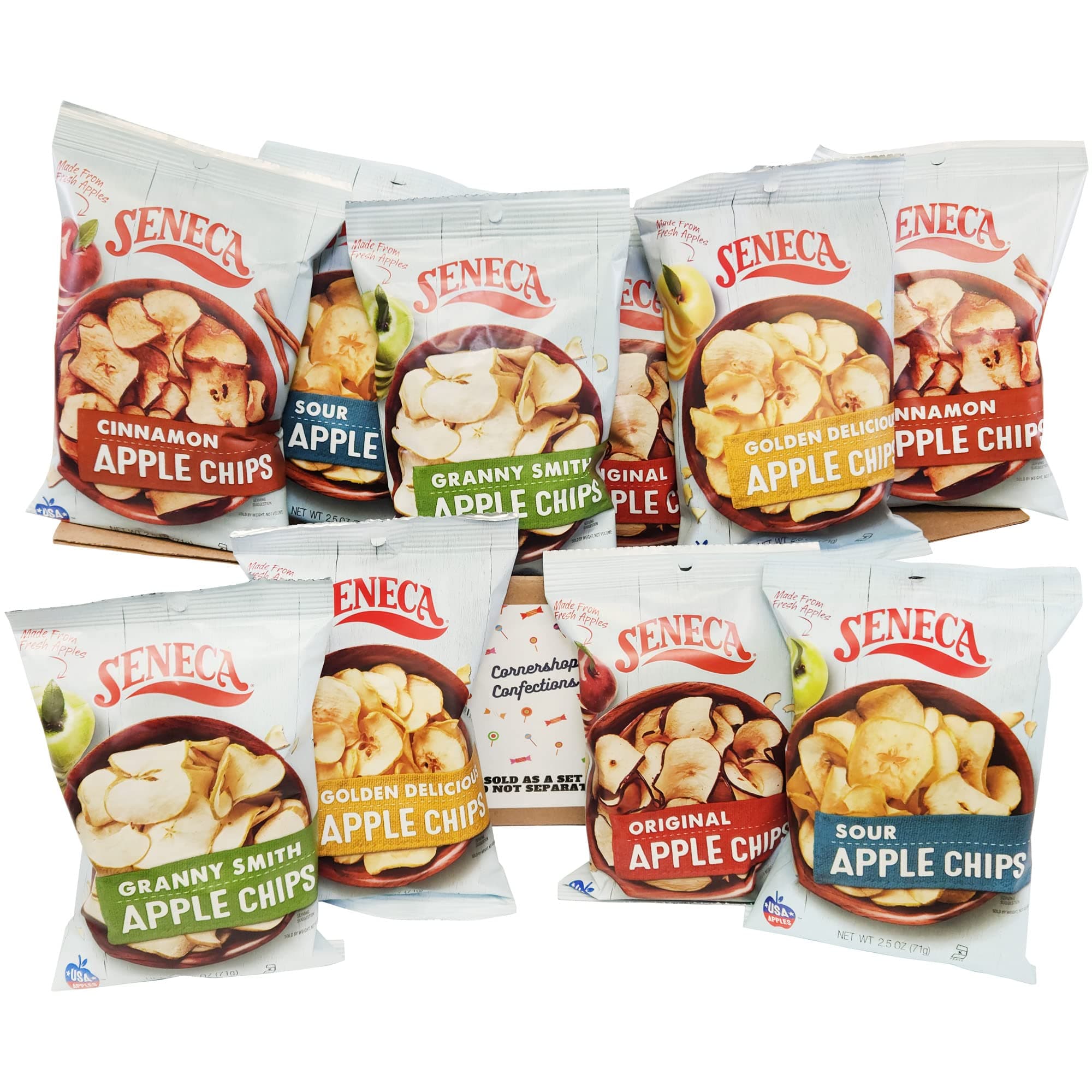 Seneca Apple Chips 5 Flavor Bulk Variety Pack - 10 2.5 oz Bags - 2 Bags of 5 Different Flavors - Golden Delicious, Granny Smith, Sour, Cinnamon, Original - In Cornershop Confections Protective Box