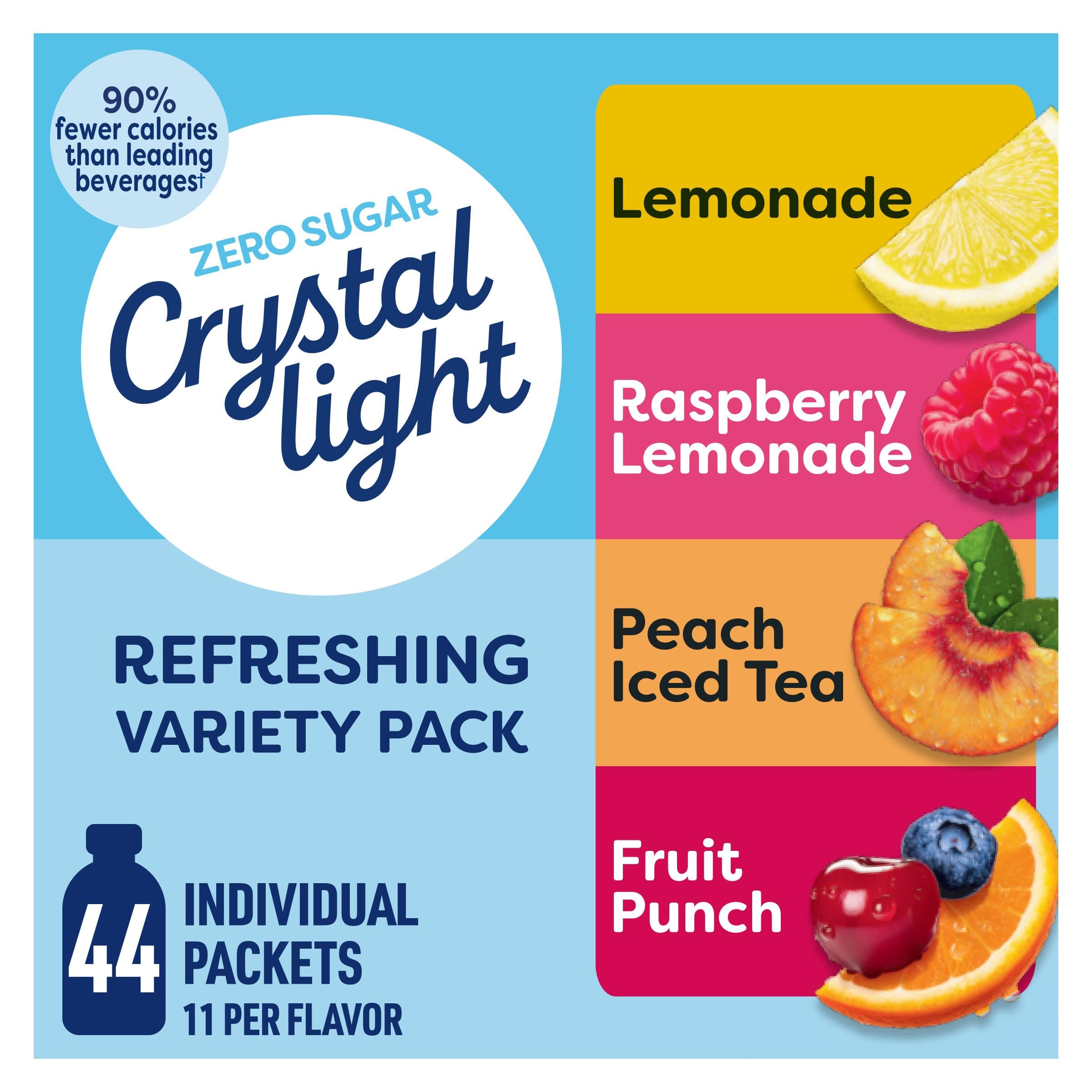 Crystal Light Refreshing Drink Mix Variety Pack, 44 Packets, for Convenient Hydration, Lemonade, Raspberry Lemonade, Peach Iced Tea, Fruit Punch, Natural and Artificial Flavor, Zero Sugar, 4.18 oz