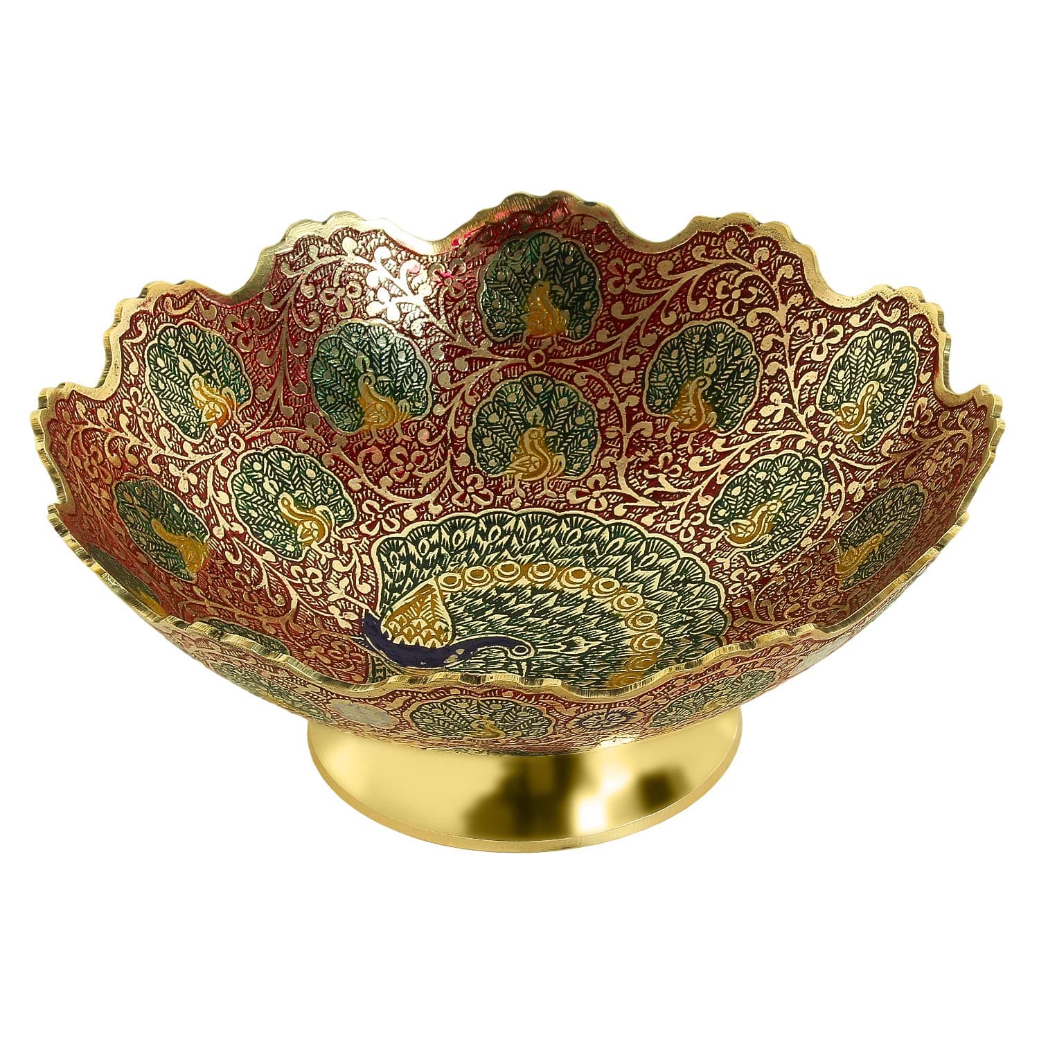 Zap Impex Brass Decorative Dry Fruit Bowl Multipurpose Serving Bowl carving Work - Size- 9" Beautiful Red Color Peacock design Kitchenware Gift