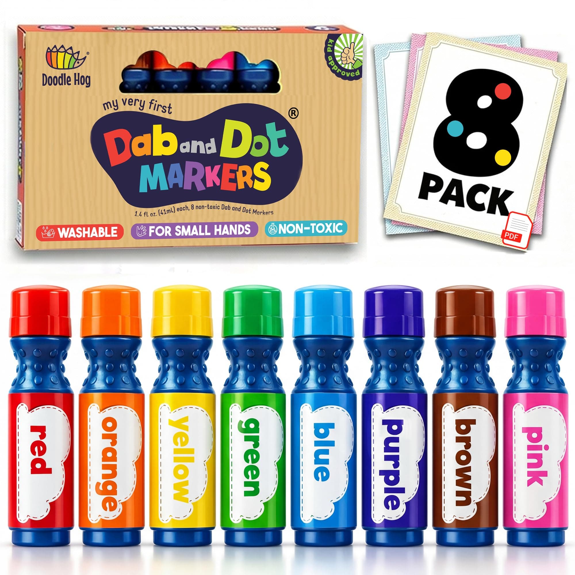 Washable 8 Colors Dab and Dot Markers Pack Set. Fun Art Supplies for Kids, Toddlers and Preschoolers. Non Toxic Arts and Crafts Supplies. Includes 200 Plus Fun Downloadable Coloring Sheets (8 Pack)