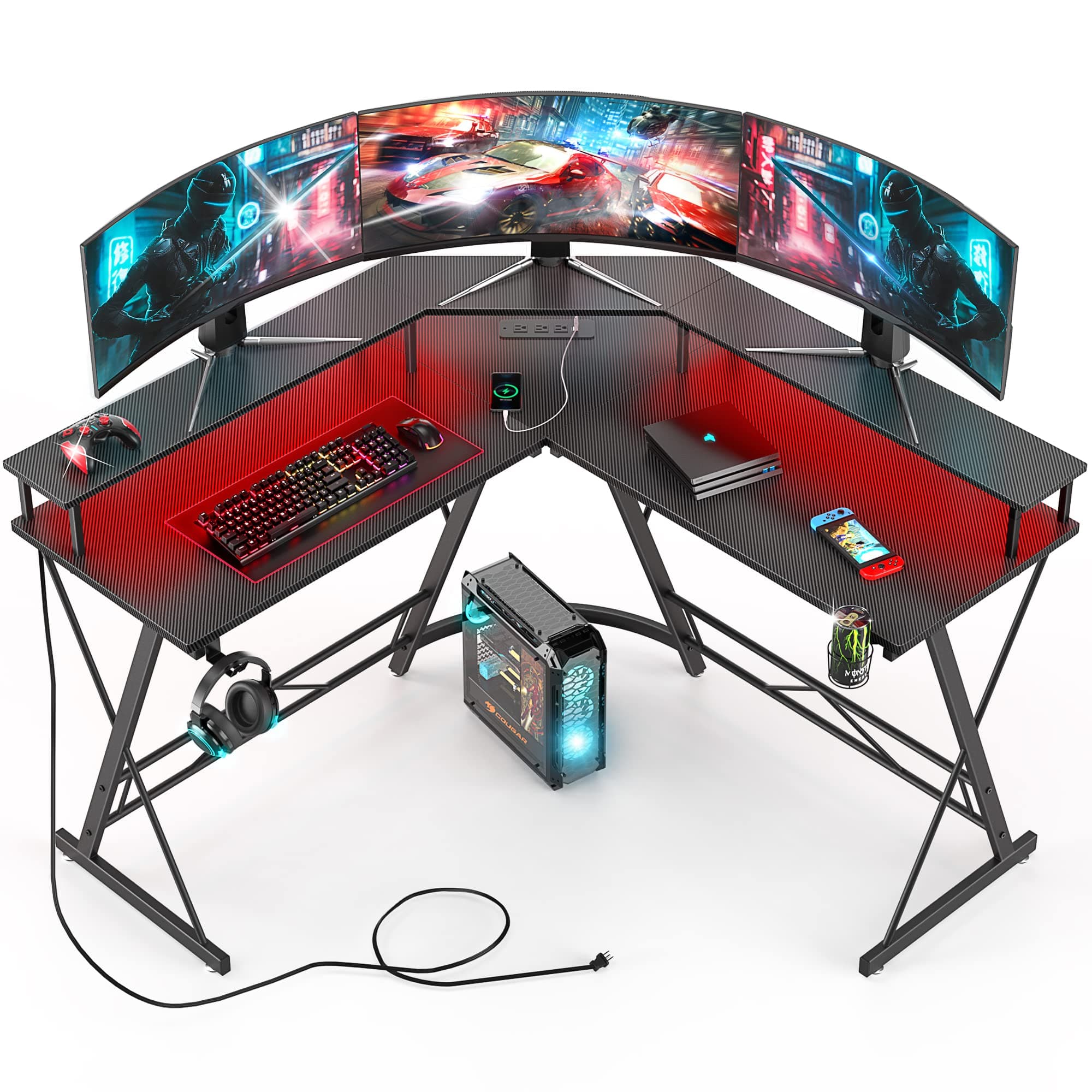 Gaming Desk with Led Lights, L Shaped Corner Computer Desk with Power Strip, Carbon Fiber Surface Gaming Table with Monitor Stand&Cup Holder, Headphone Hook, Graphite Black