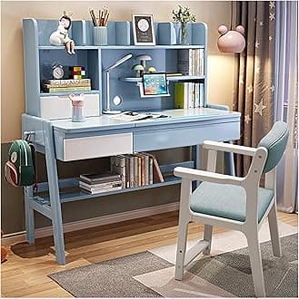 Kids Study Desk and Chair Set Multifunctional Solid Wood Desk for Kids Room 6-18 Height Adjustable Children School Study Desk with 0-60° Tilt Desktop, for Boys Girls (Color : Blue, Size : 120x60x130