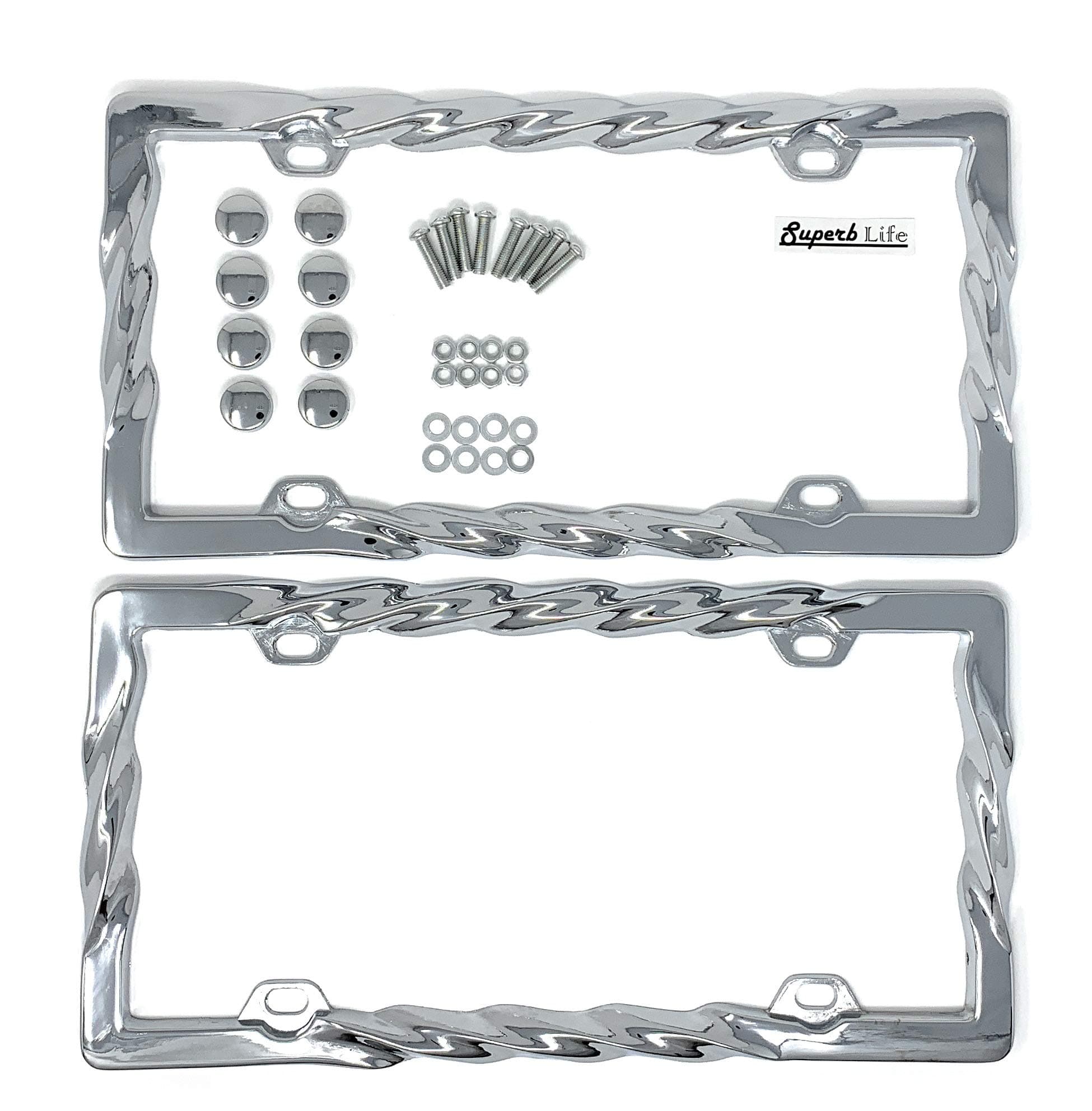 Superb LNF 3D Twist Curly Wave Pattern License Plate Holder Chrome License Plate with Theft-Deterrent caps, Set of 2