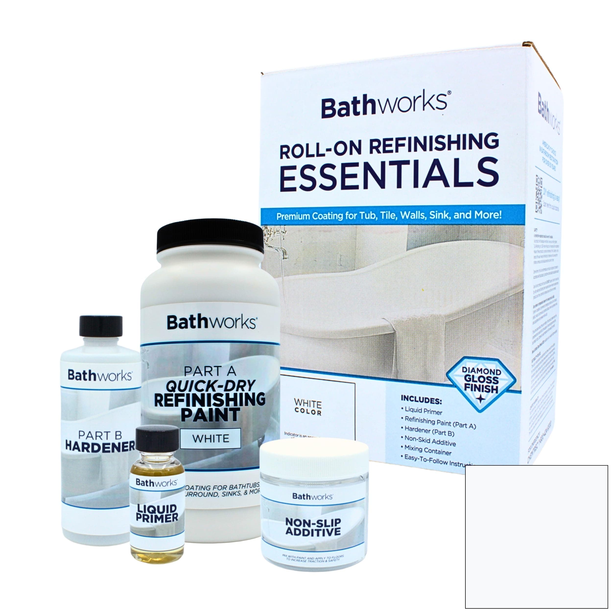 Bathworks Quick-Dry Essentials Roll-On Refinishing Kit – 22 fl oz White – High-Gloss Resin Coating with Non-Slip Additive – 12-Hour Dry Time – For Bathtubs, Tile, Sinks & Showers – Coating Materials Only