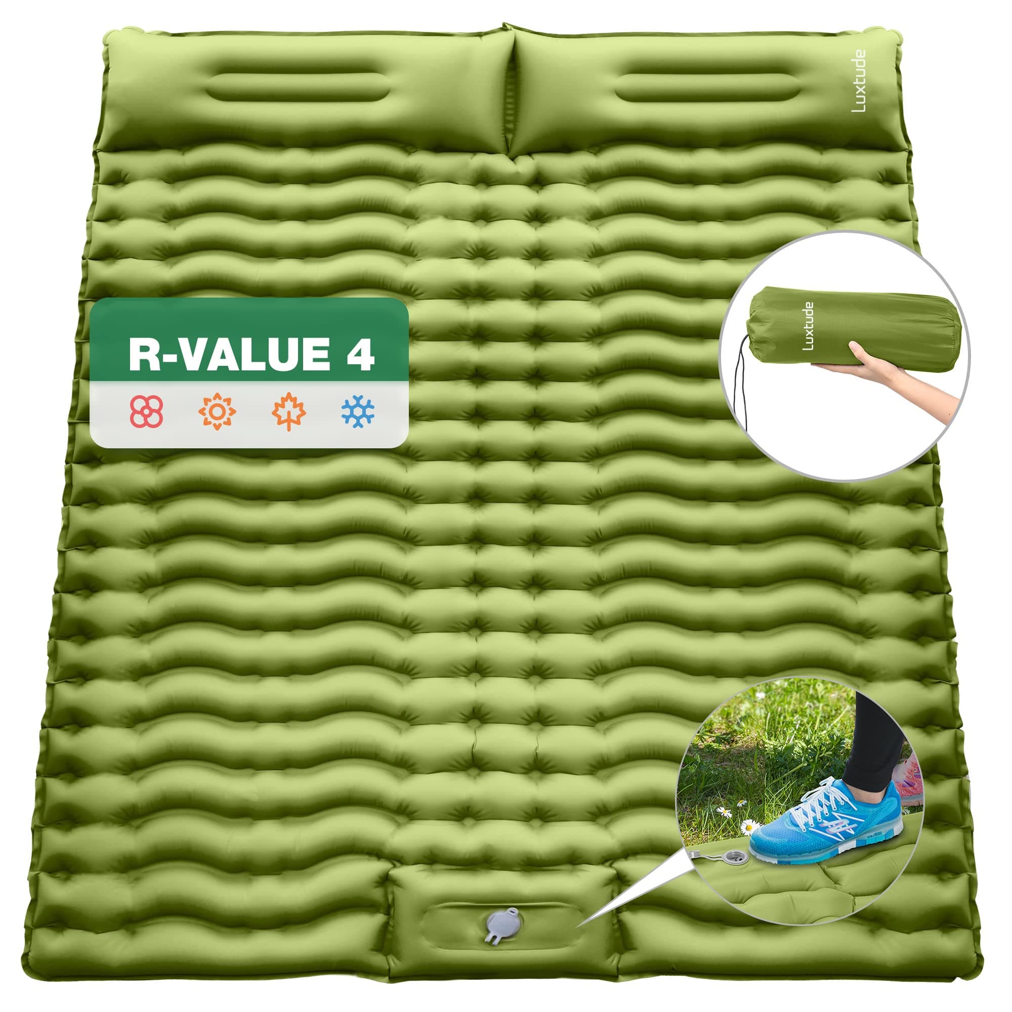Luxtude Double Sleeping Pad for Camping, Queen Camping Pad with Pillow for 2 Person, Foot Pump Inflating Camping Mattress, Waterproof Air Mattress Sleeping Mat for Backpacking, Hiking, Green