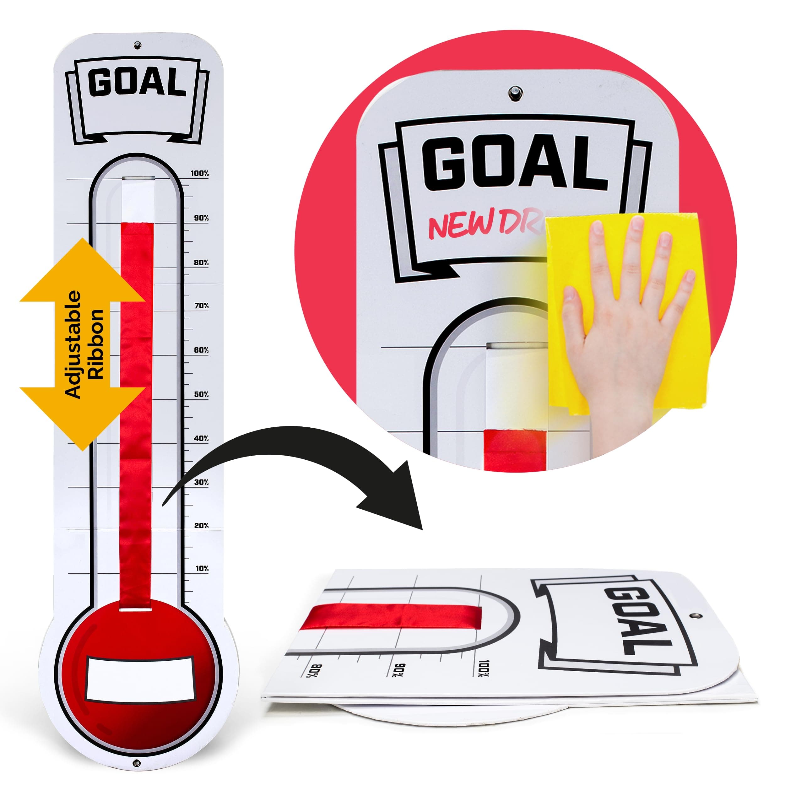 Fundraising Thermometer Chart Goal Tracker | Dry Erase Goal Setting Wall Mounted Thermometer | Giant Sales Goal Board with Pull-Through Ribbon Progress Tracker (46” x 12”) by ORCA