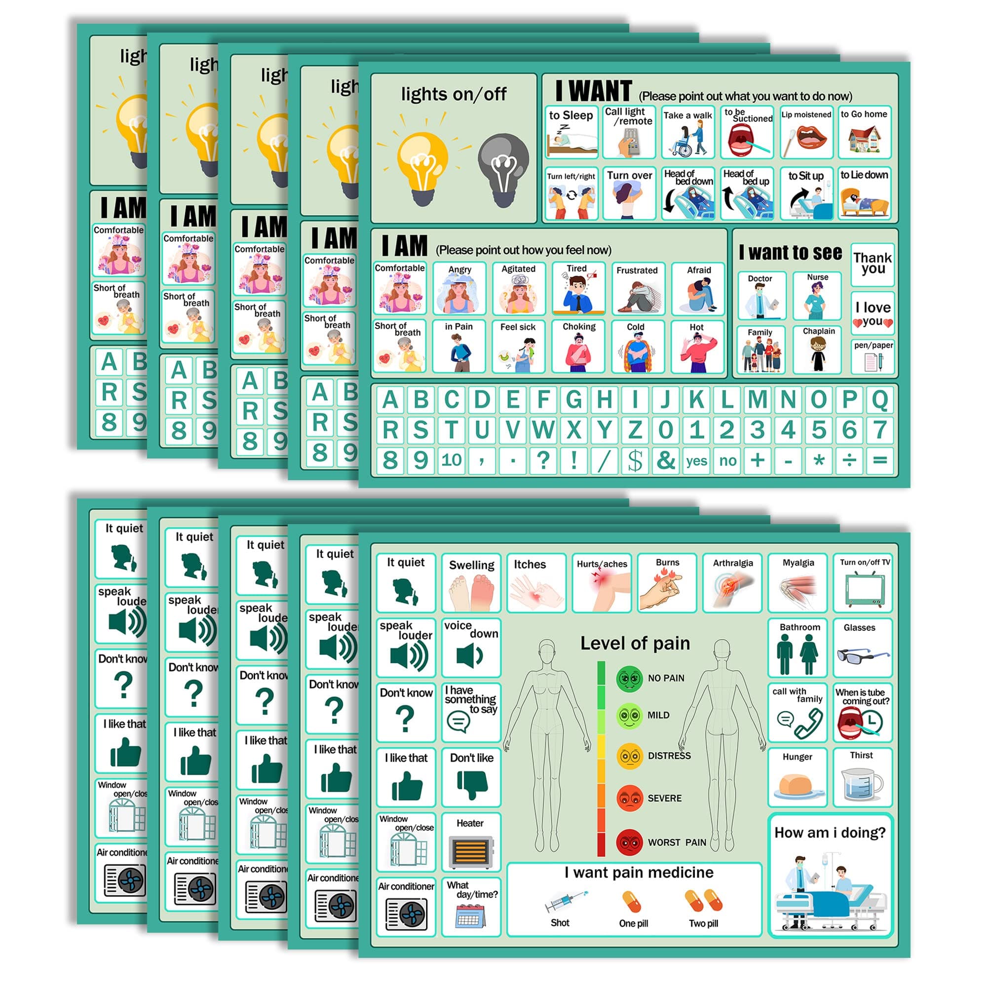 10Pcs Nonverbal Communication Board Waterproof Aphasia Patient Communication Tools Durable Non Verbal Communication Device Cards for Nonverbal Adults, Kids